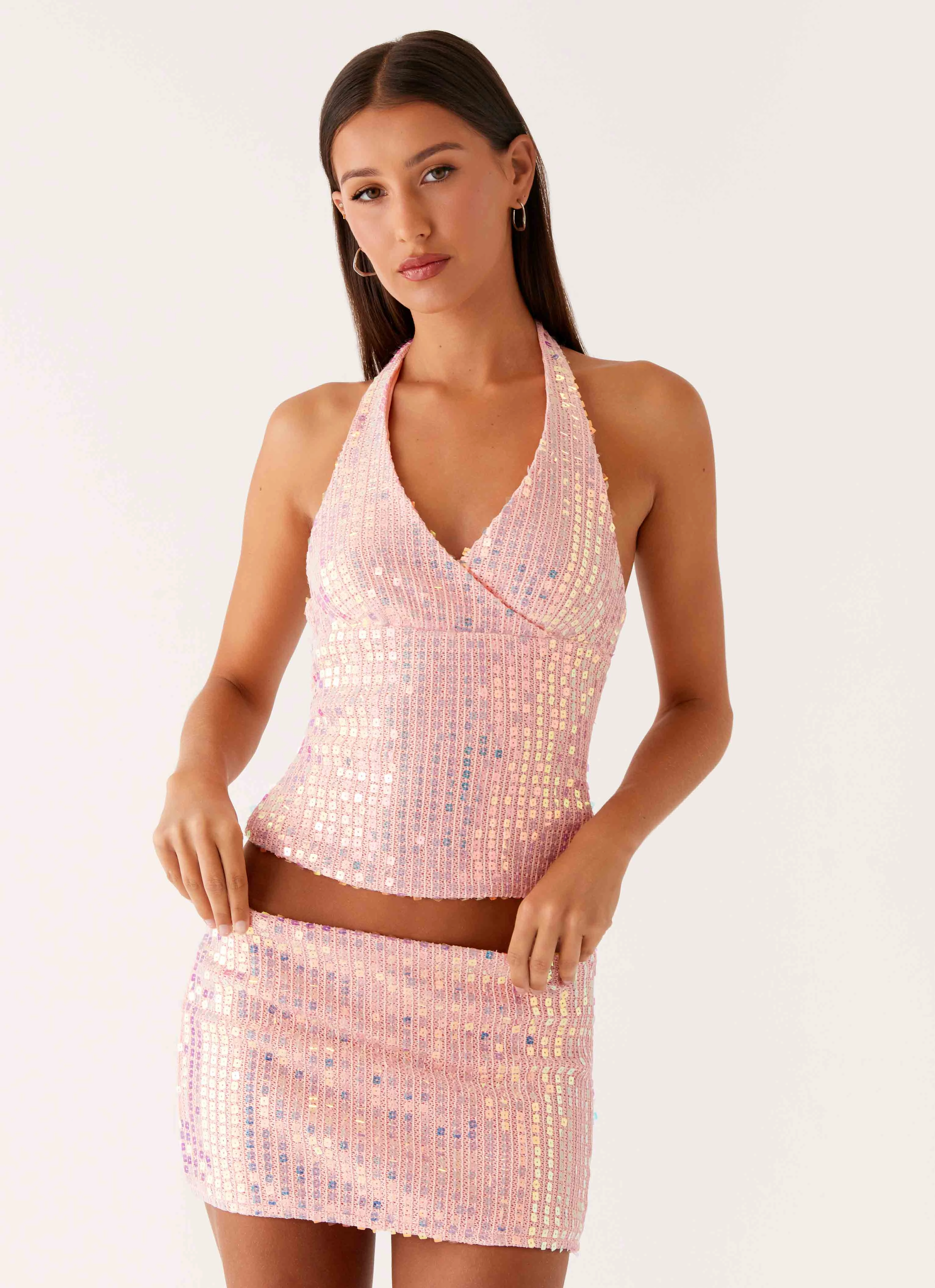 Elastic hem Been That Girl Knit Sequin Mini Skirt - Iridescent Pink