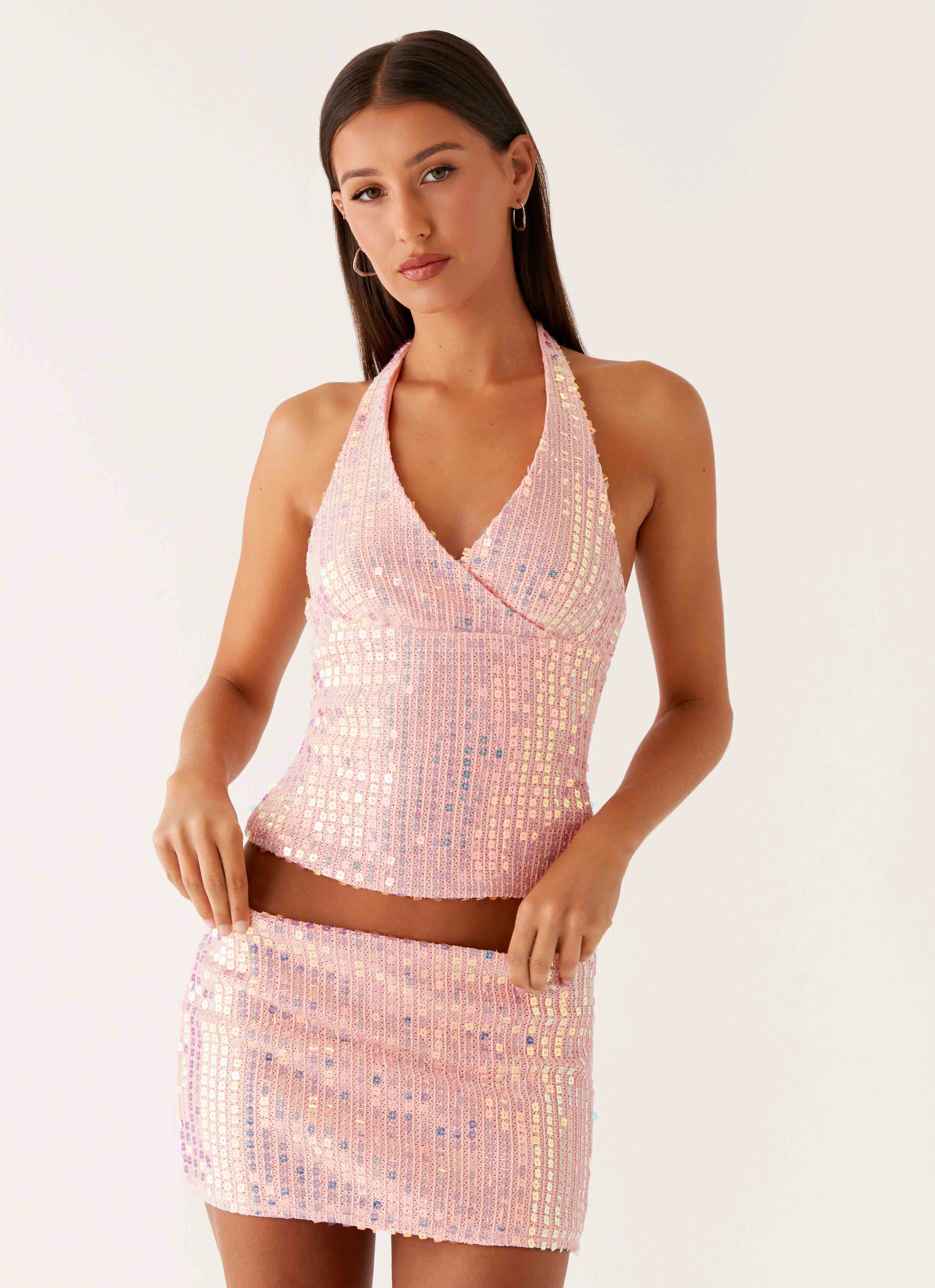 Modern Edge Been That Girl Knit Sequin Mini Skirt - Iridescent Pink