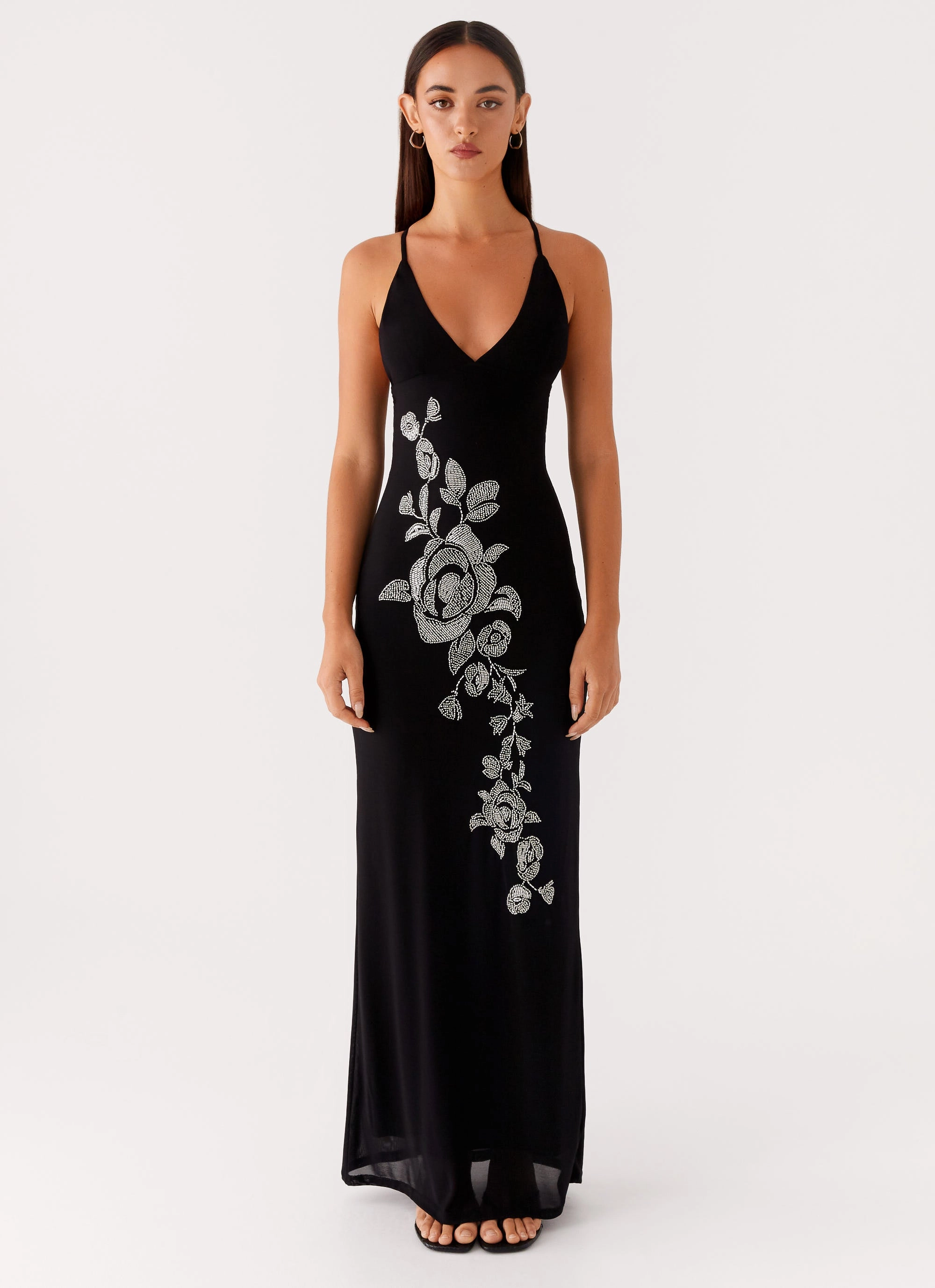 Beki Beaded Mesh Maxi Dress - Black Flattering Lines