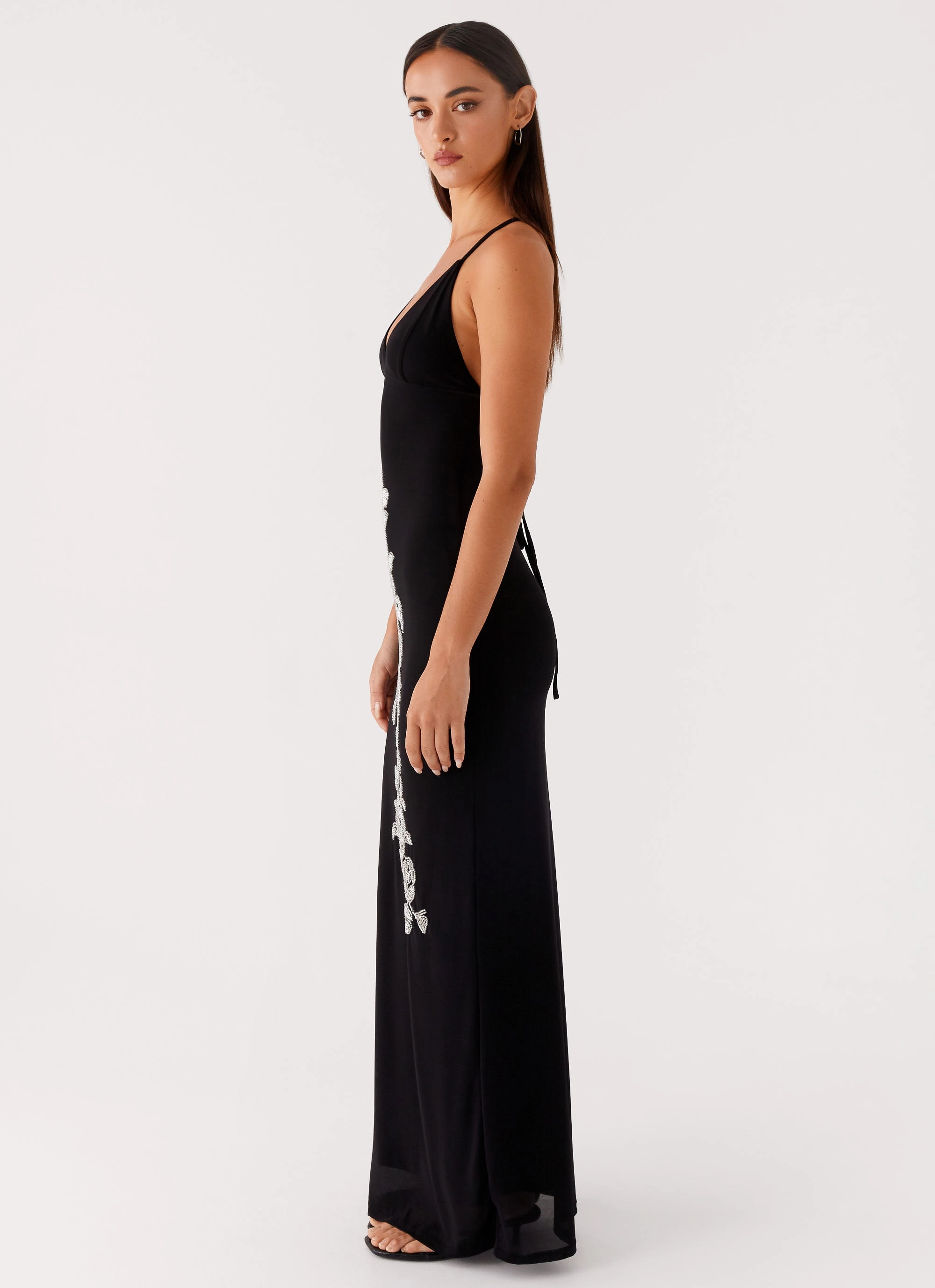 Beki Beaded Mesh Maxi Dress - Black Soft Drape Casual Outfit