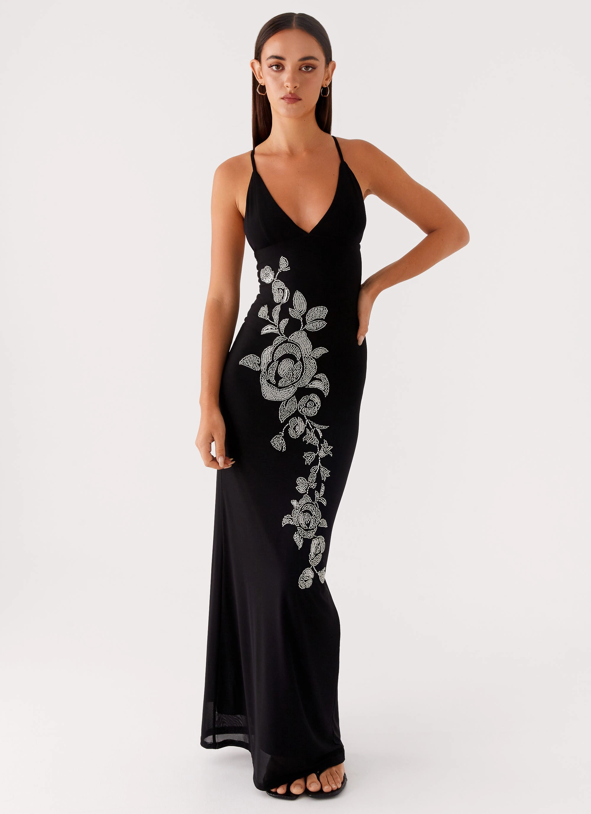 Beki Beaded Mesh Maxi Dress - Black Brunch Tone Floral-Pattern