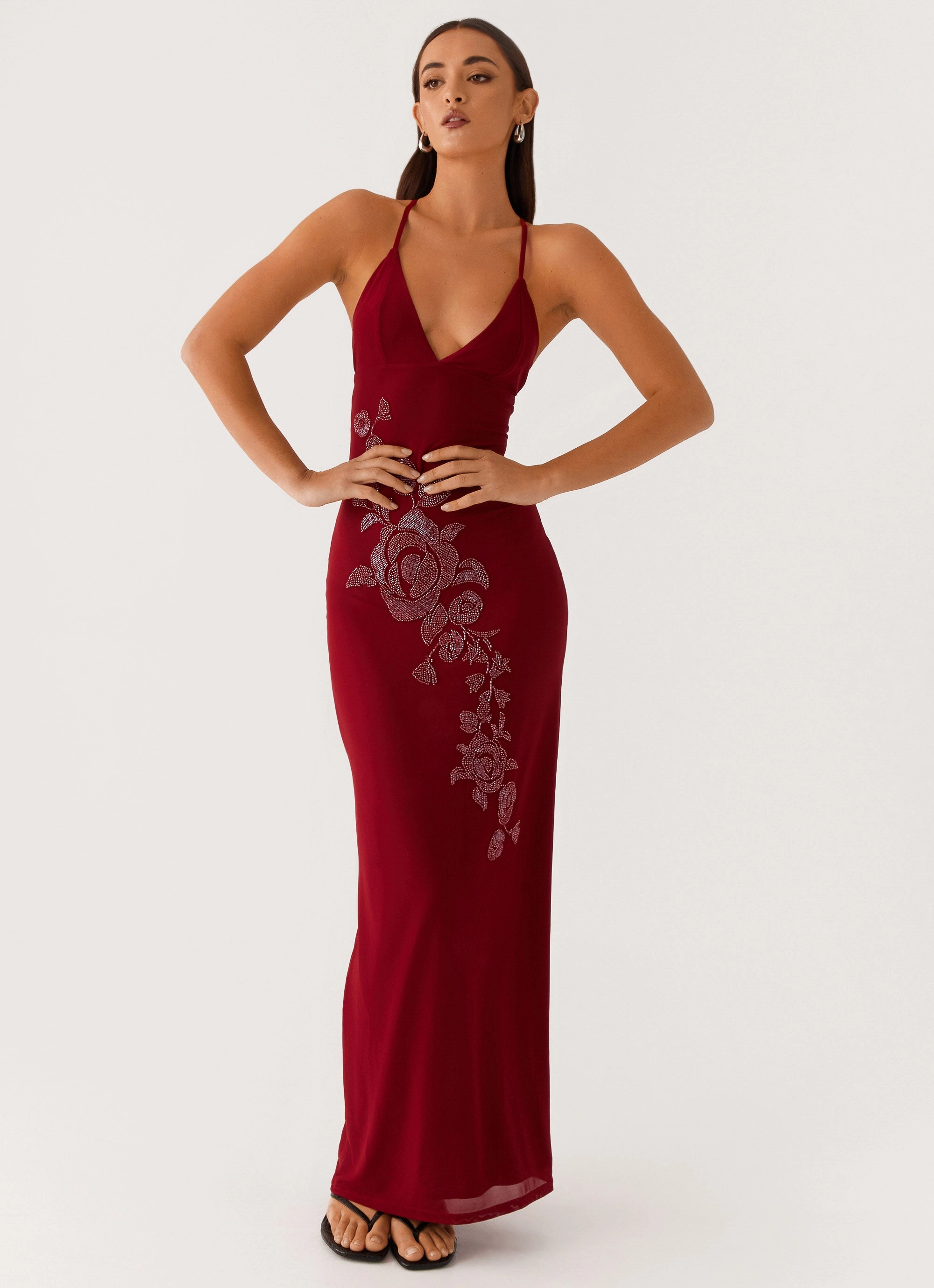 Soft Tone Timeless Appeal Beki Beaded Mesh Maxi Dress - Deep Red