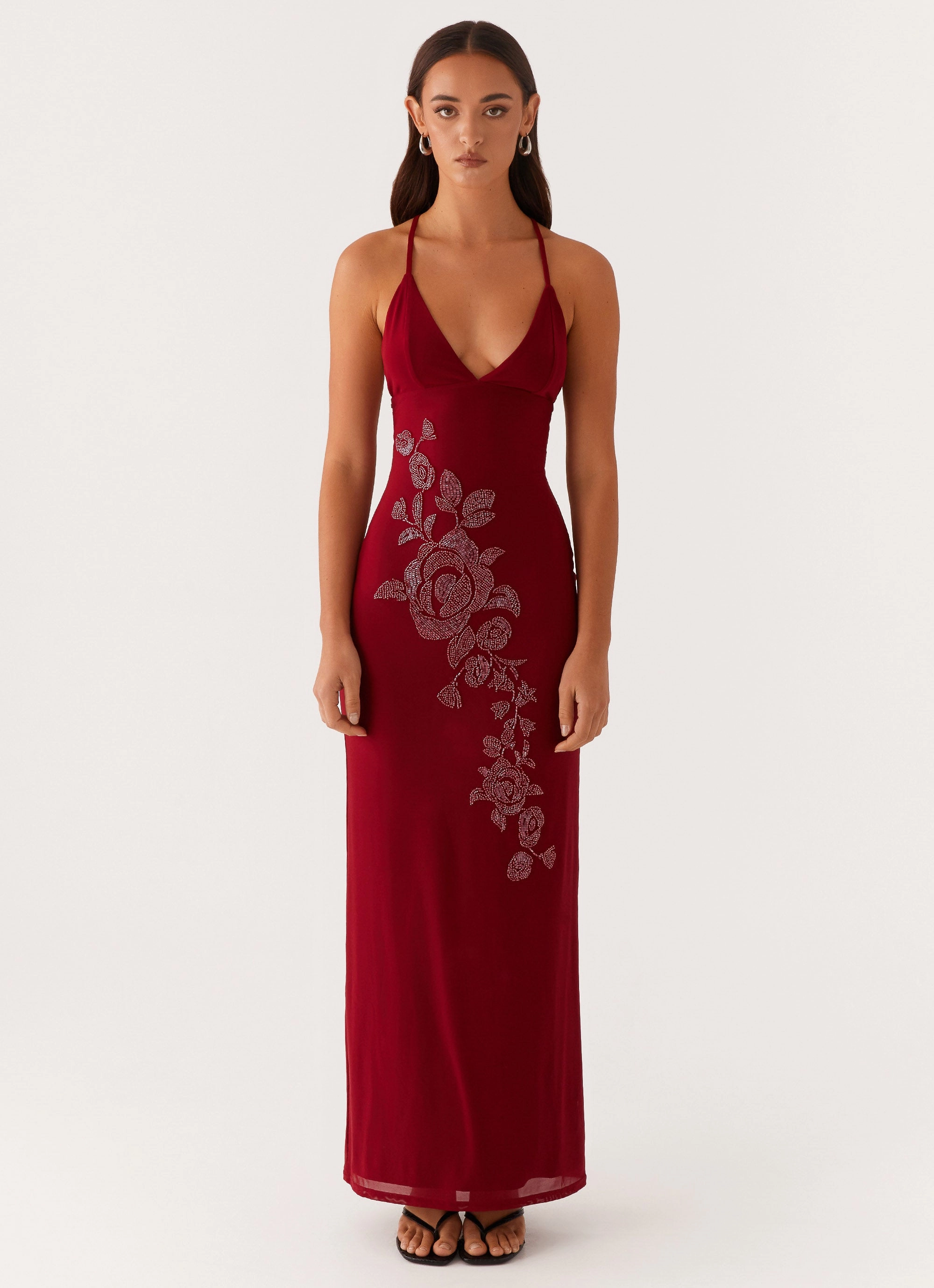 FadeResistantColor Fashion Mix Beki Beaded Mesh Maxi Dress - Deep Red