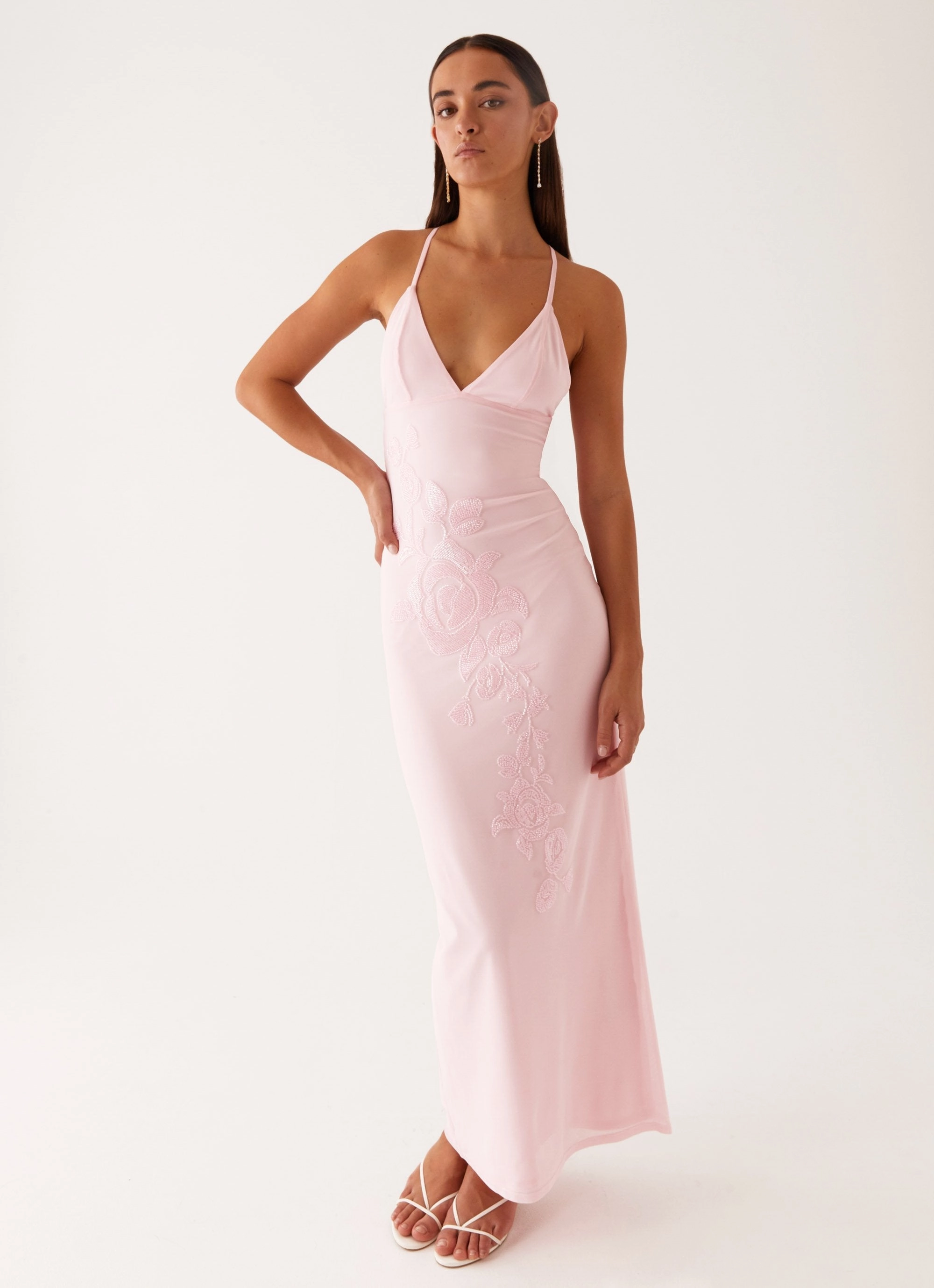 Trendy Fit Look Fitted Base Beki Beaded Mesh Maxi Dress - Pink