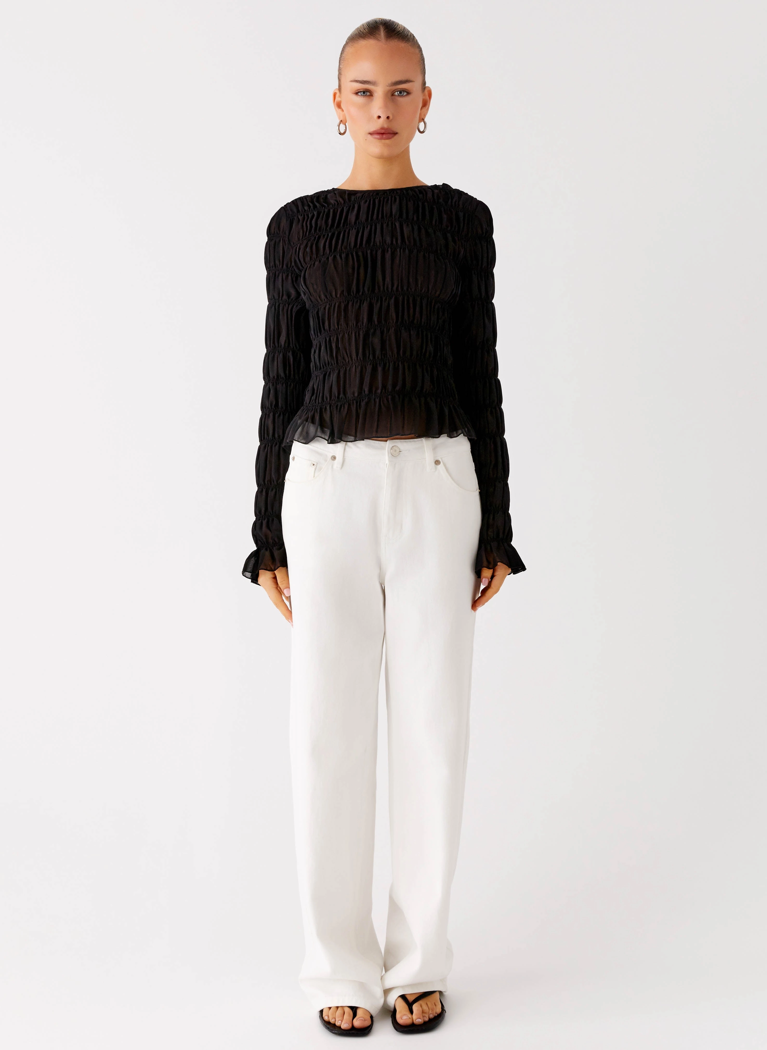 DropShoulder Stylish Jacket Bella Long Sleeve Top - Black