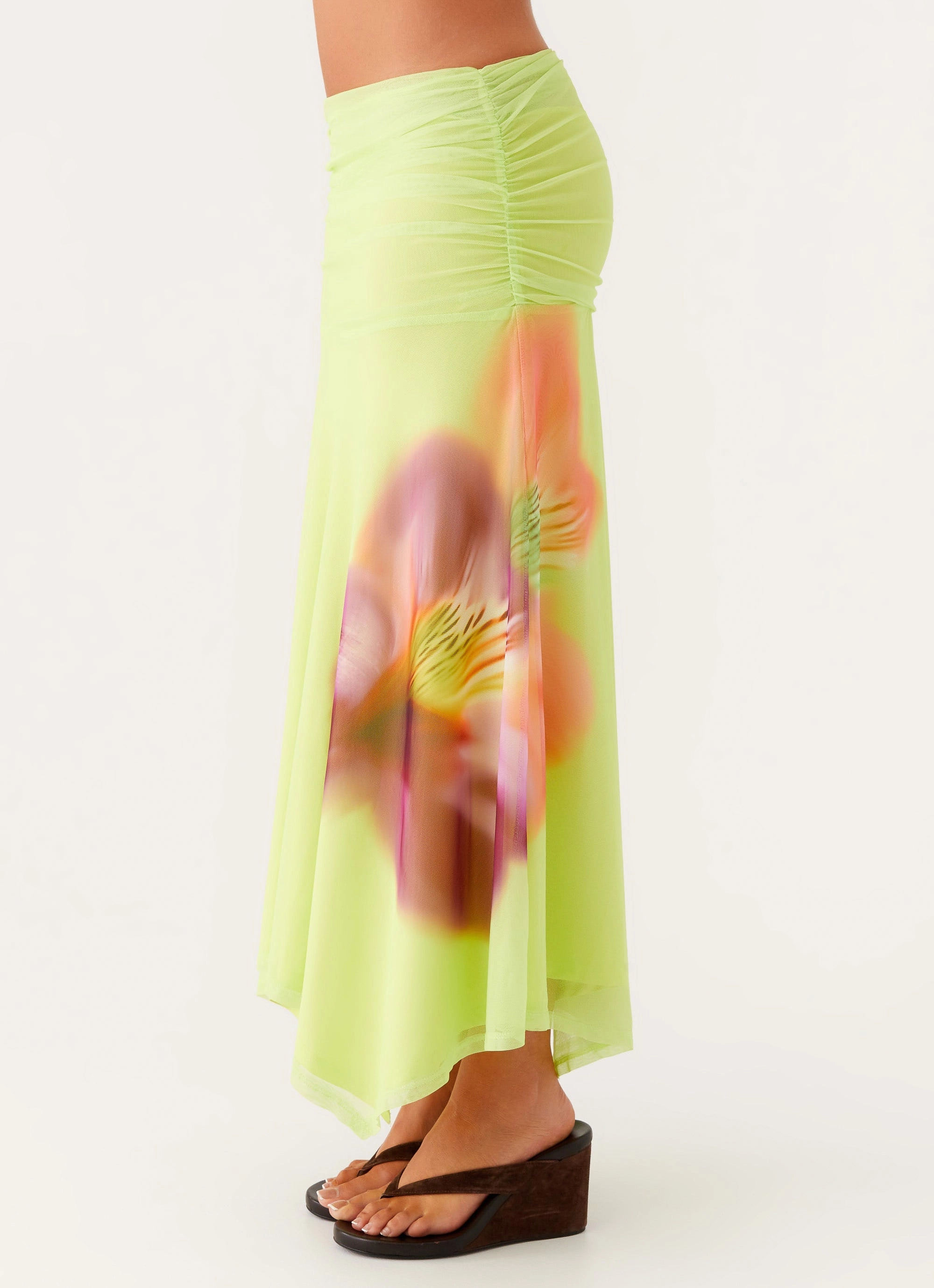 Wrap style Non Irritating Texture Liana Ruched Maxi Skirt - Green Tropical