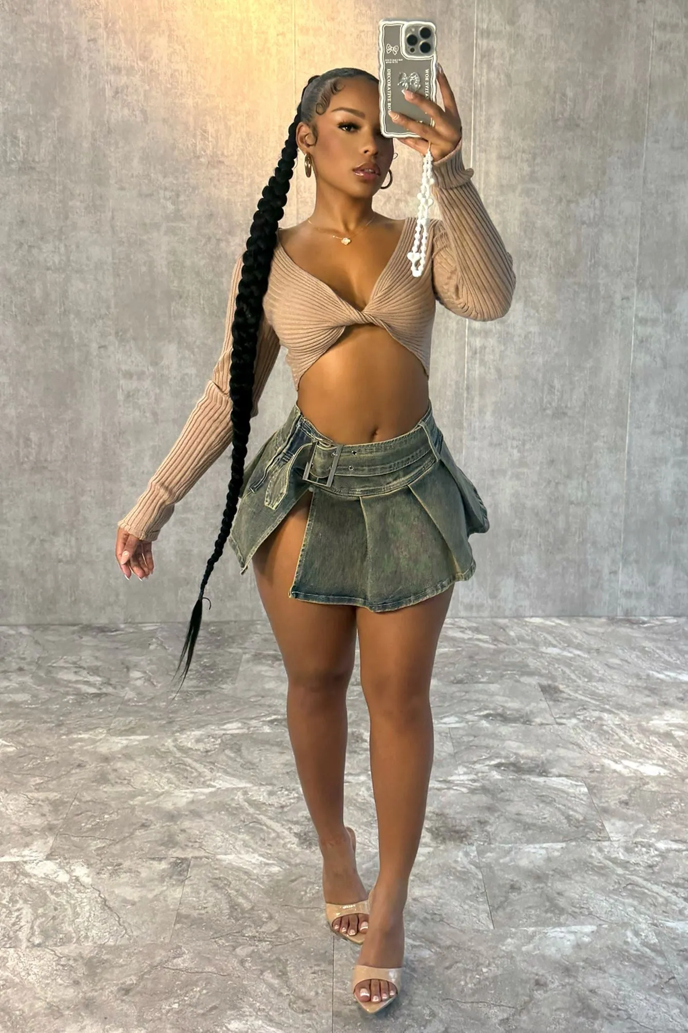 Breathable activewear Big City Denim Pleated Mini Skirt With Belt