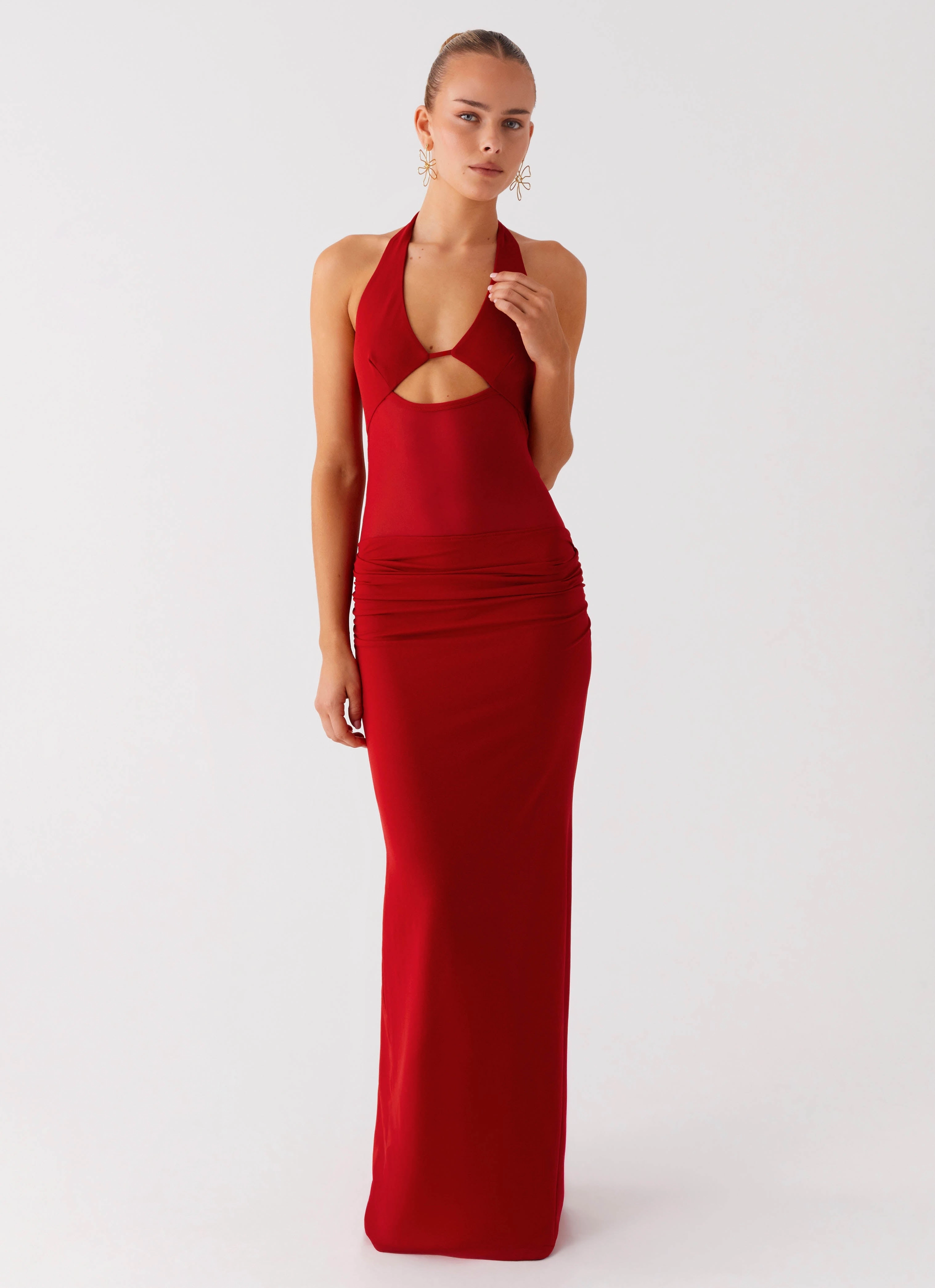 Billen Halter Maxi Dress - Red Soft Drape Sophisticated Line