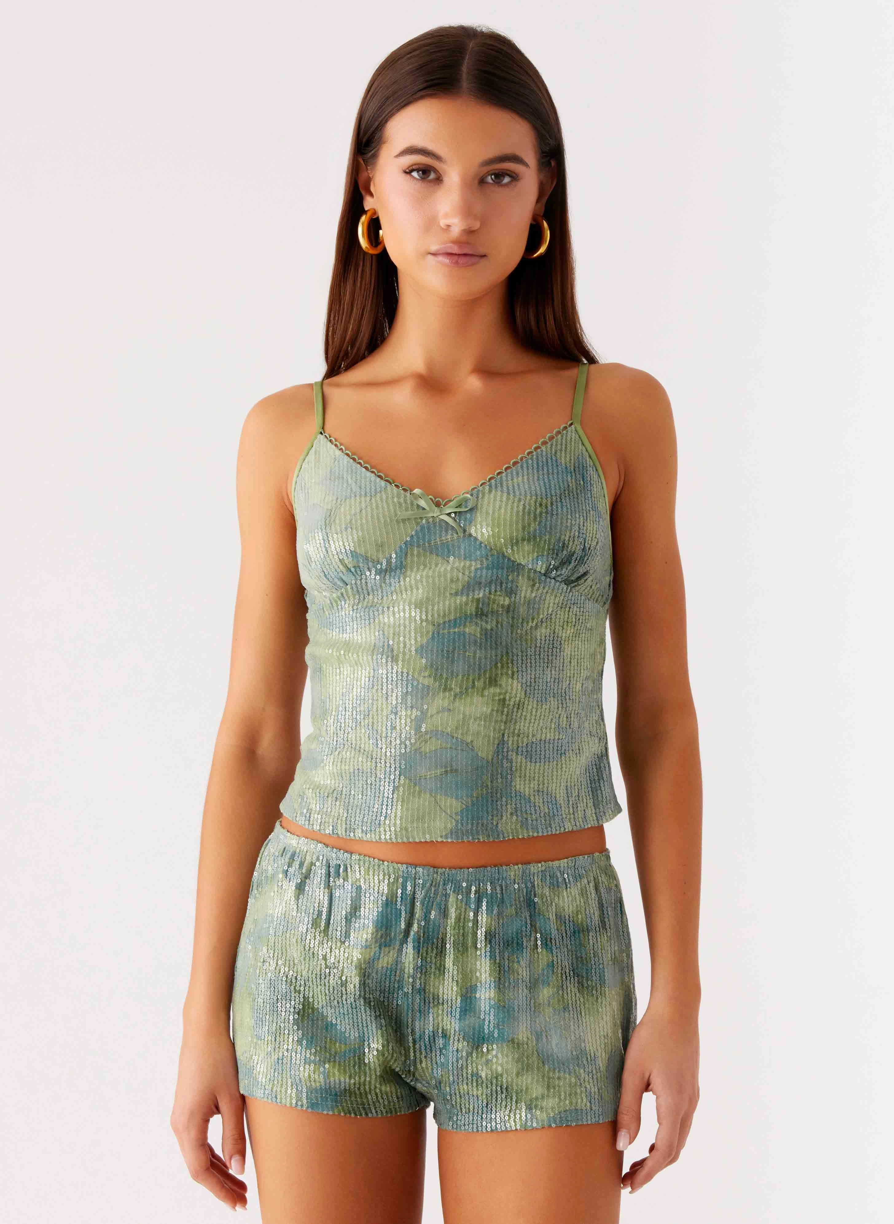 WrinkleFree Finish Ajean Sequin Cami Top - Lime Blood