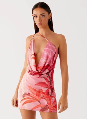 Bohemian Bliss Mesh Mini Dress - Tropical Pink Print Air Comfort Profile Enhancer