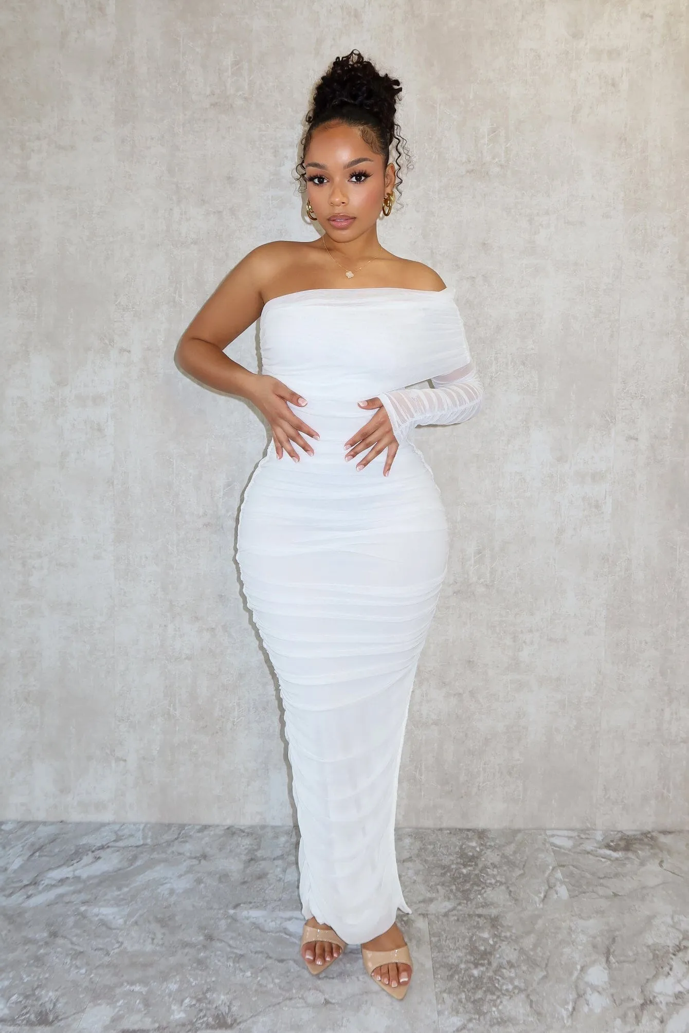 Trendy summer outfit So Dramatic Mesh Ruched One Sleeve Dress