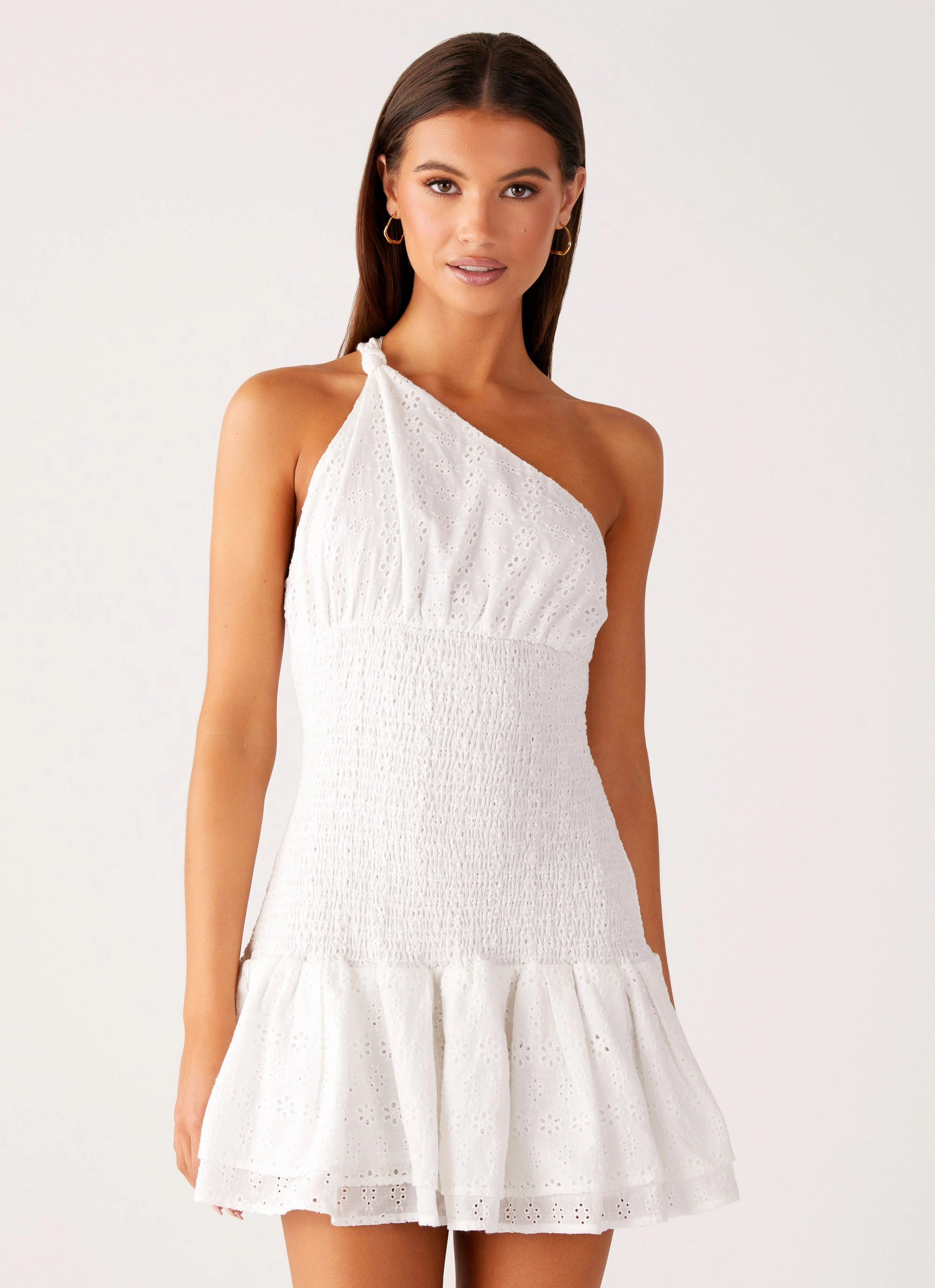 Hestia Drop Waist Shirring Mini Dress - White Subtle Look