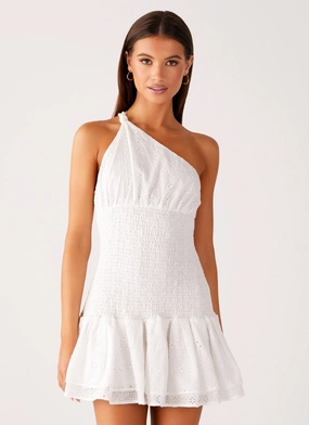 Hestia Drop Waist Shirring Mini Dress - White Silky texture