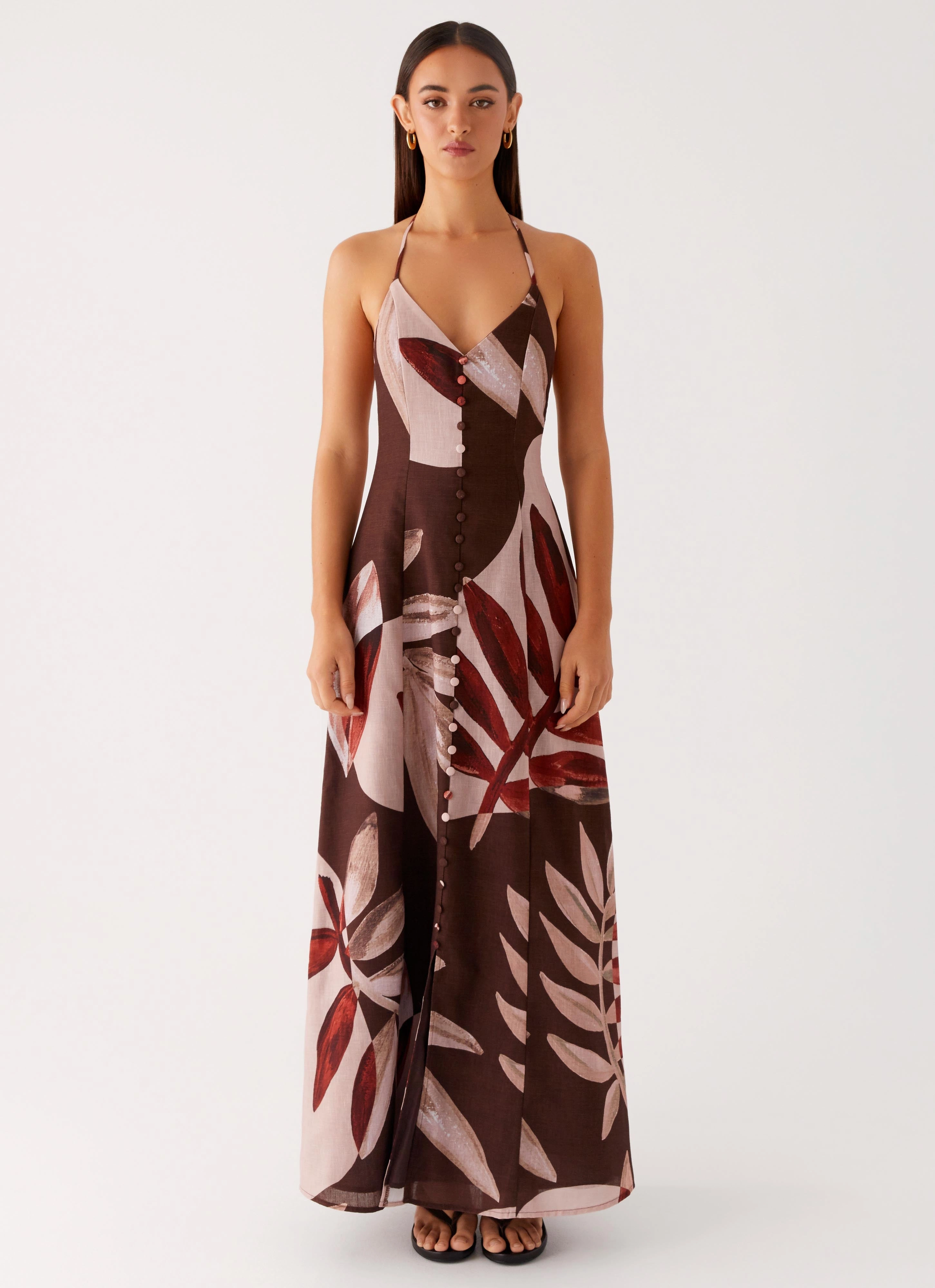 Versatile Comfort Autumn Linen Maxi Dress - Cinnamon Palm