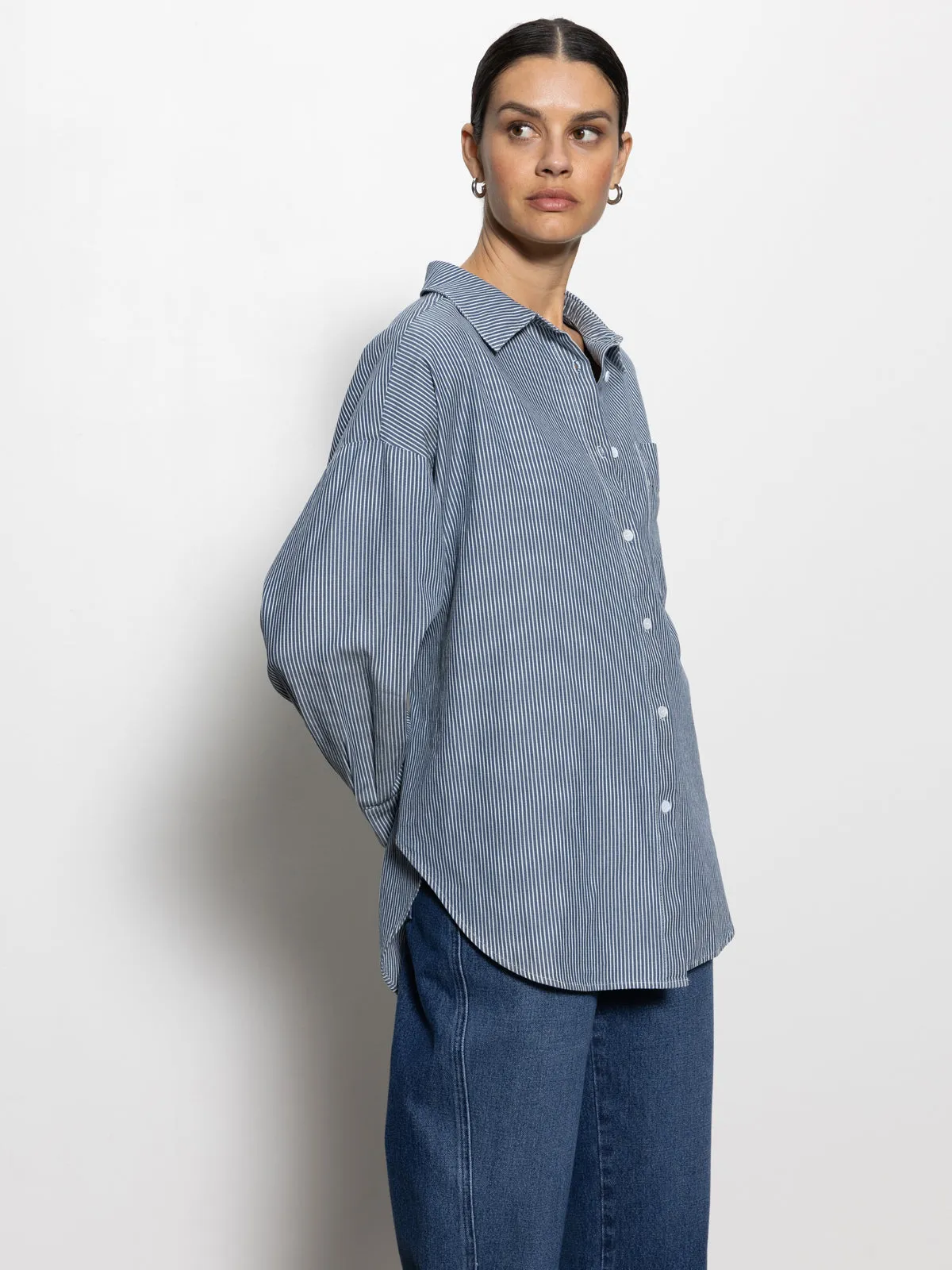 DoubleLayeredShoulders Boyfriend Tie Back Shirt Marina Stripe