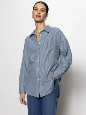 Light Fabric Stretch Woven Material Boyfriend Tie Back Shirt Marina Stripe