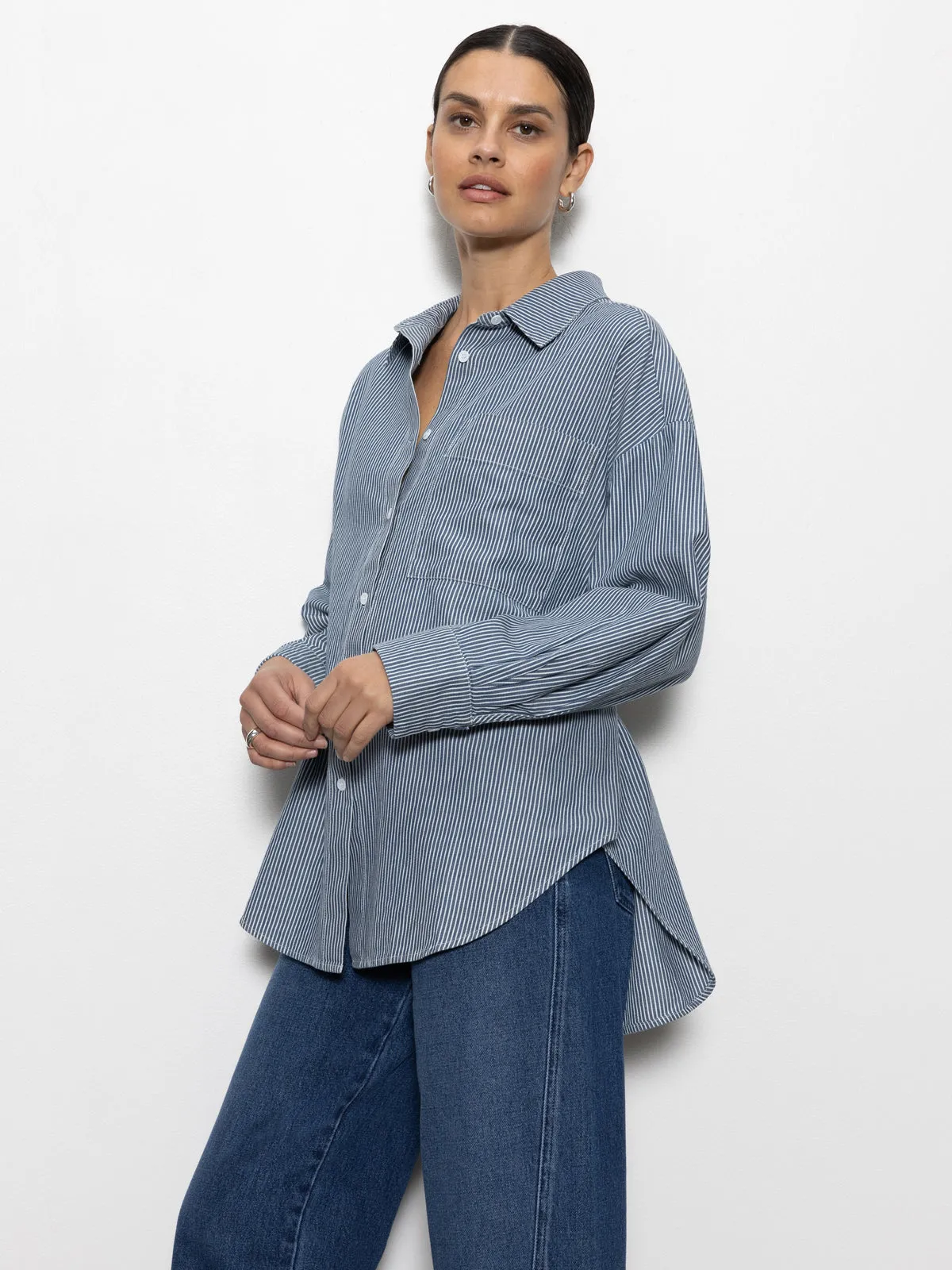 Boyfriend Tie Back Shirt Marina Stripe Light Deflection Fabric