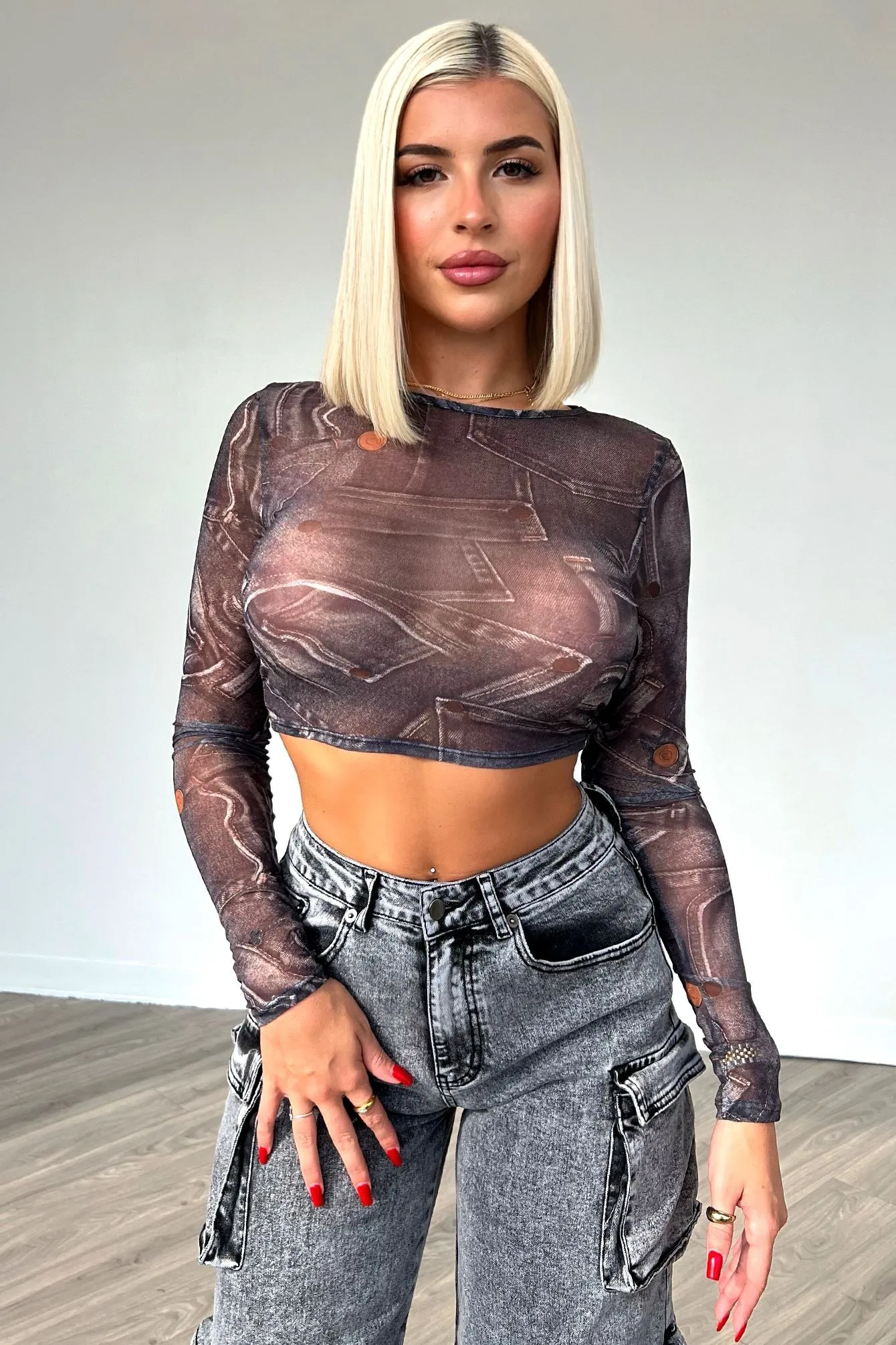 Relaxed Tee Noise Reducing Fabric Treatment Break It Off Denim Print Mesh Top