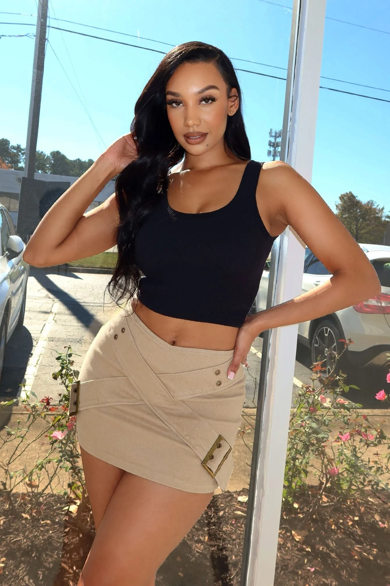Neutral Tone Xoxo Crossed Wide Belt Mini Skirt