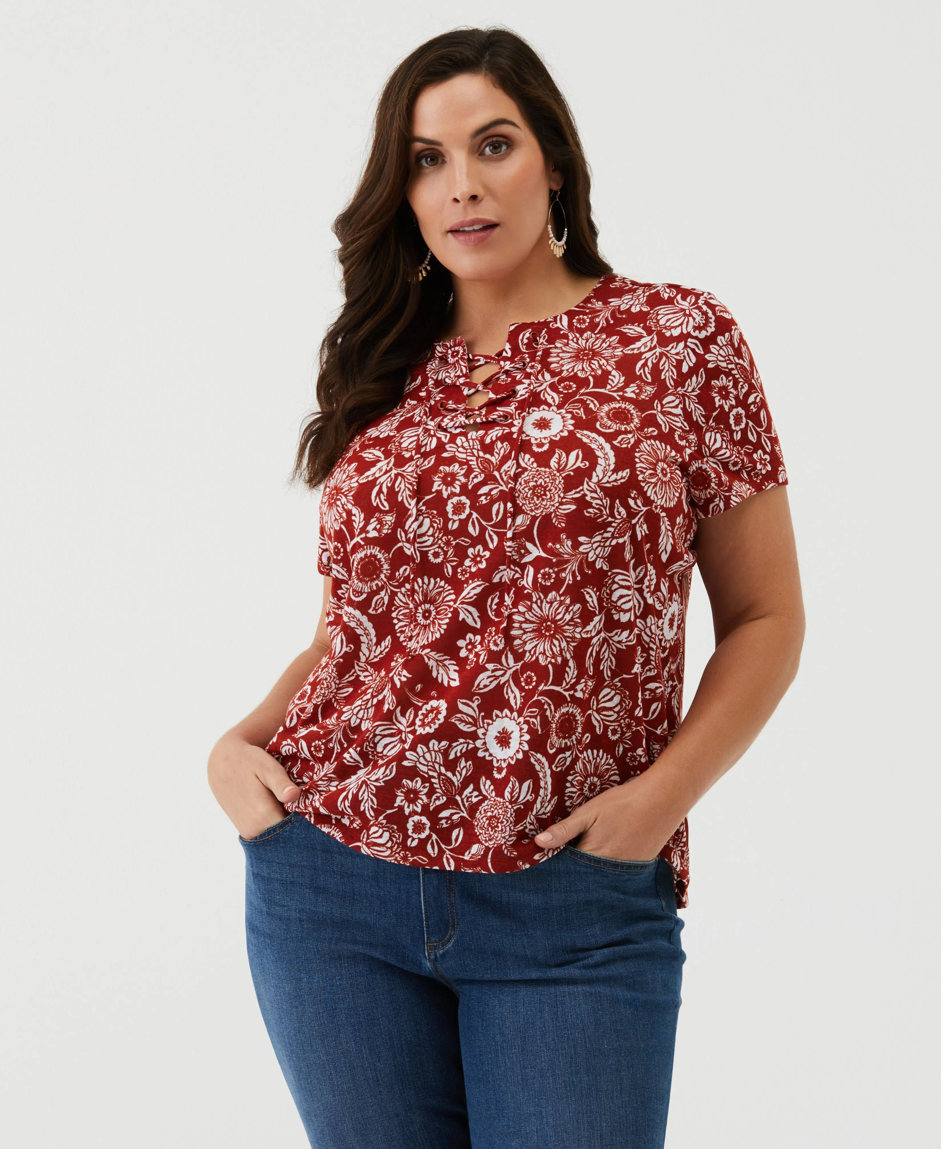Plus Size Paisley Print Lace-Up Tee Temperature Regulating Fibers