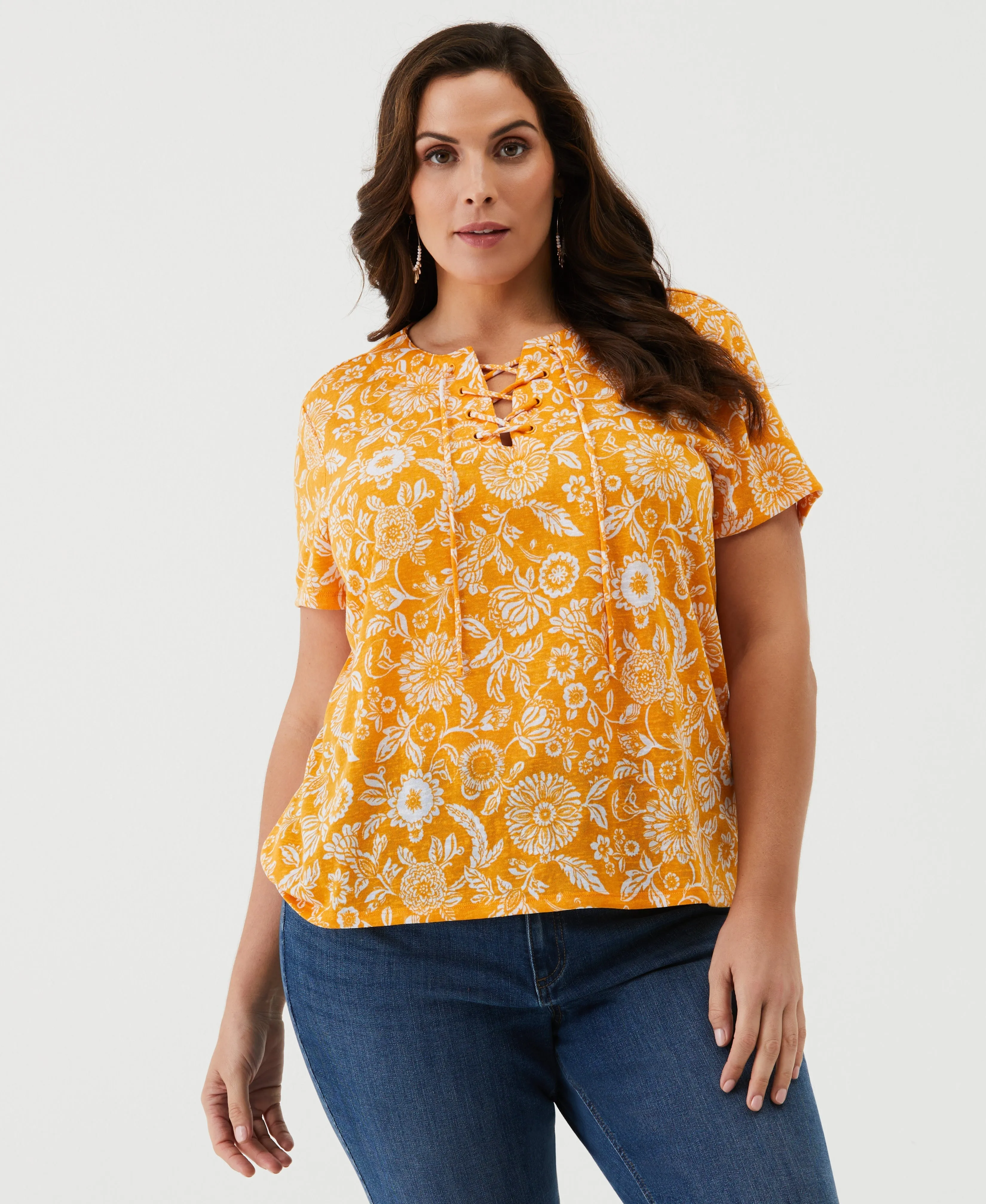 Moisture Wicking Material Plus Size Paisley Print Lace-Up Tee