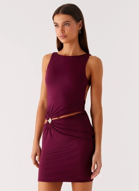Smart and Chic Drawstring-Waist Velvet Wine Mini Dress - Boysenberry