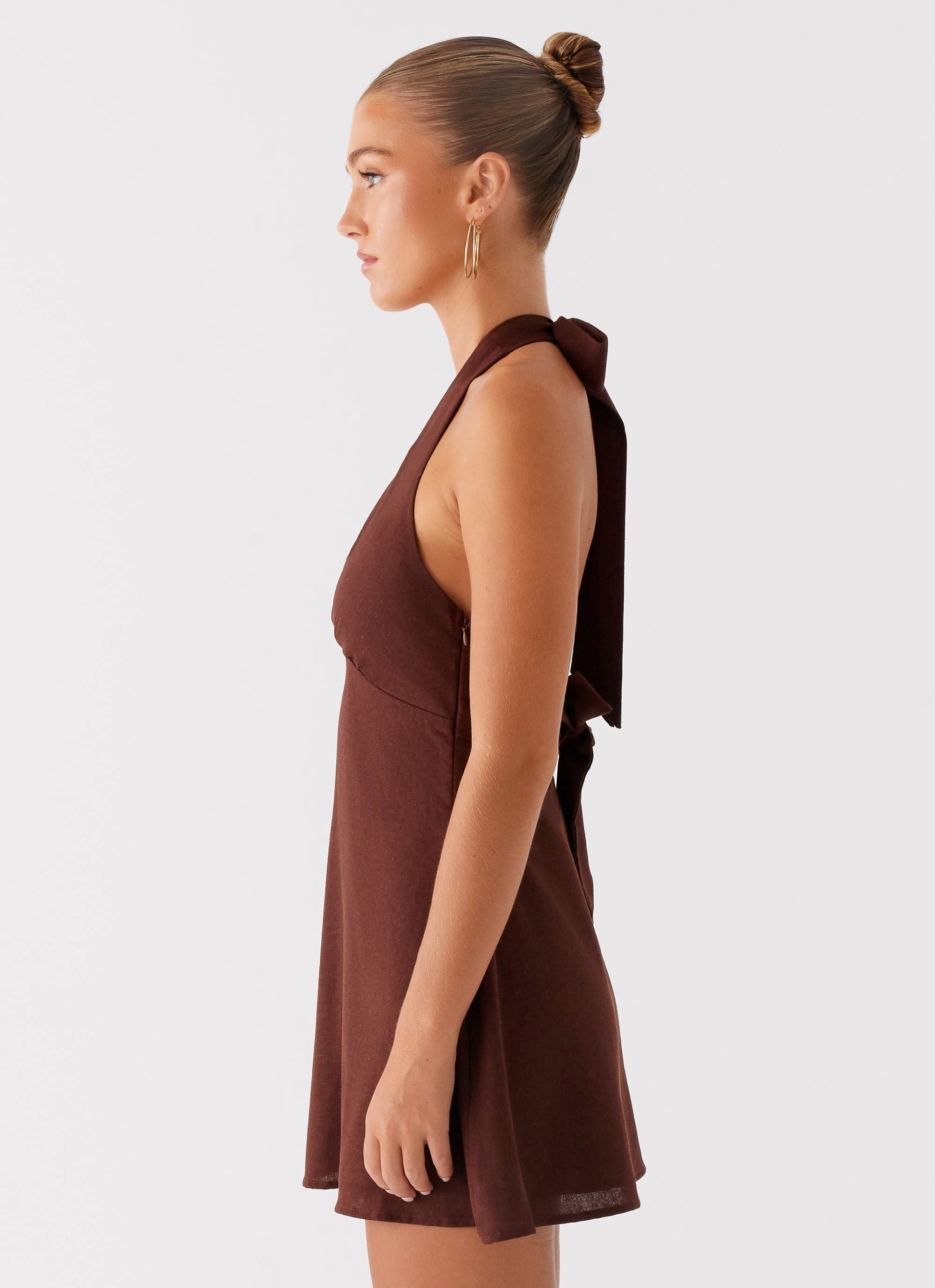 Live Soft Heavy Hearted Linen Mini Dress - Brown