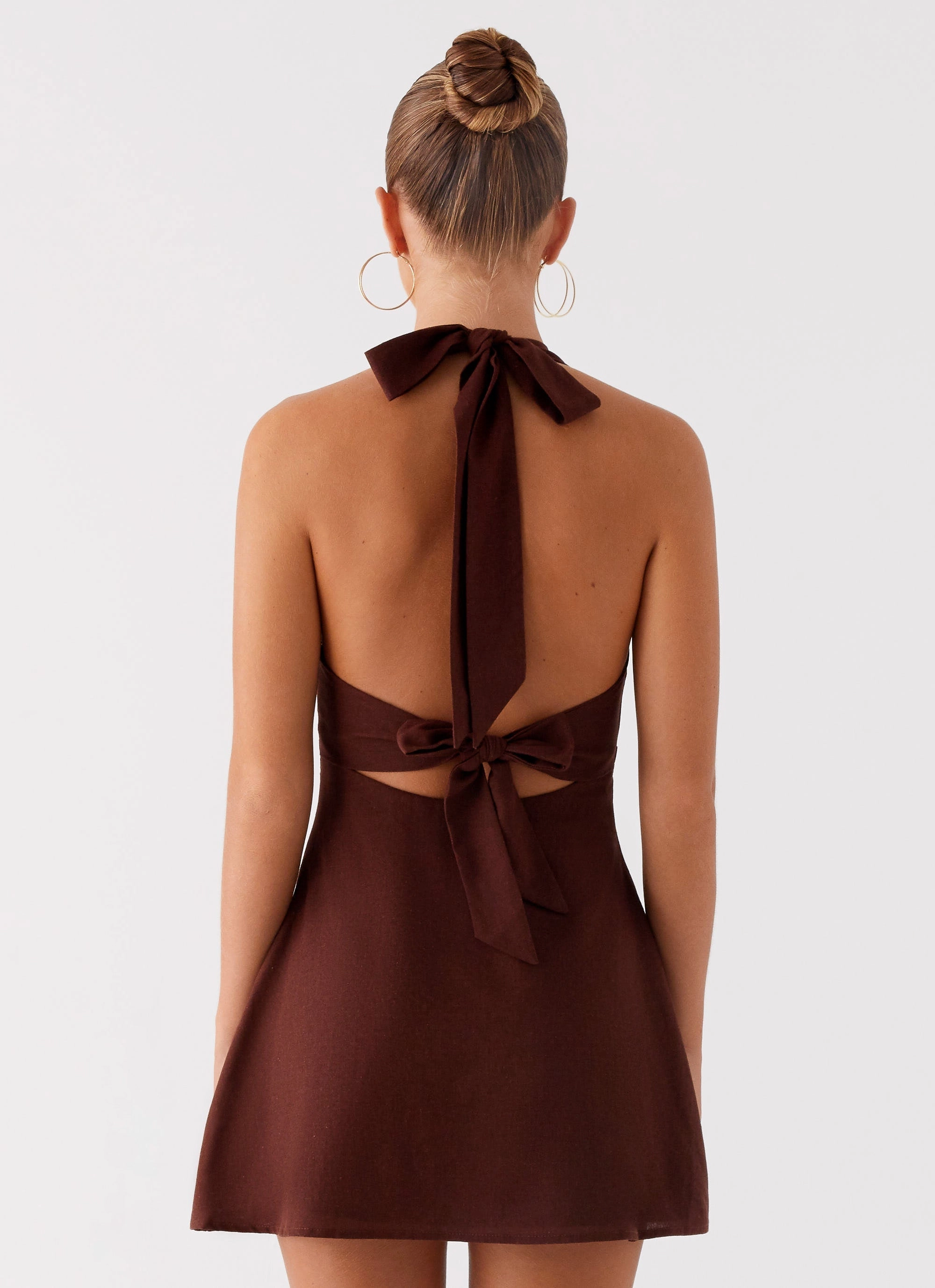 Satin Finish Heavy Hearted Linen Mini Dress - Brown