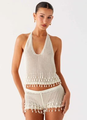 Flatlock Seams Pearl Shore Beaded Crochet Top - Ivory