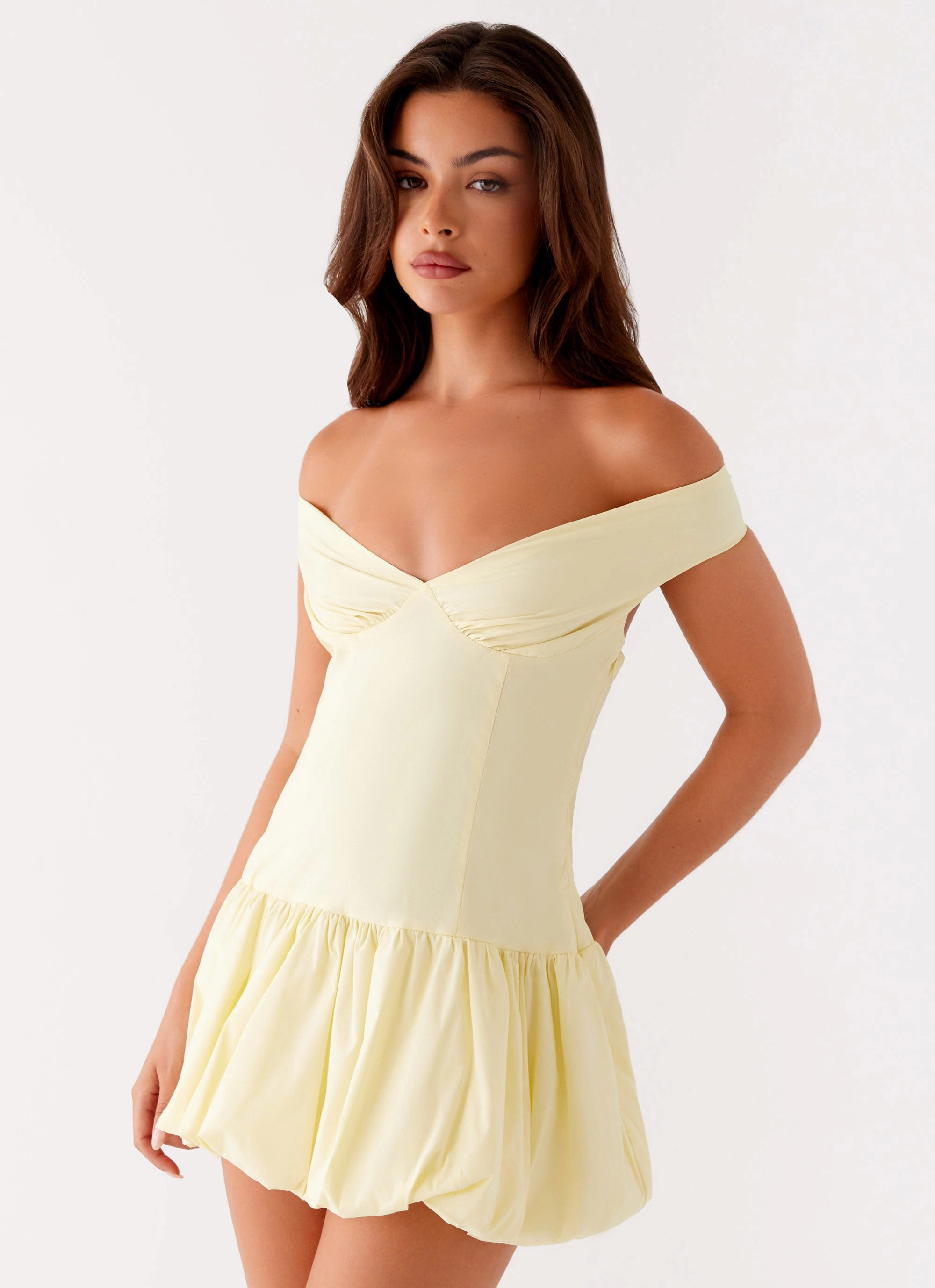 Endless Romance Off Shoulder Mini Dress - Yellow Crafted Detail mix and match