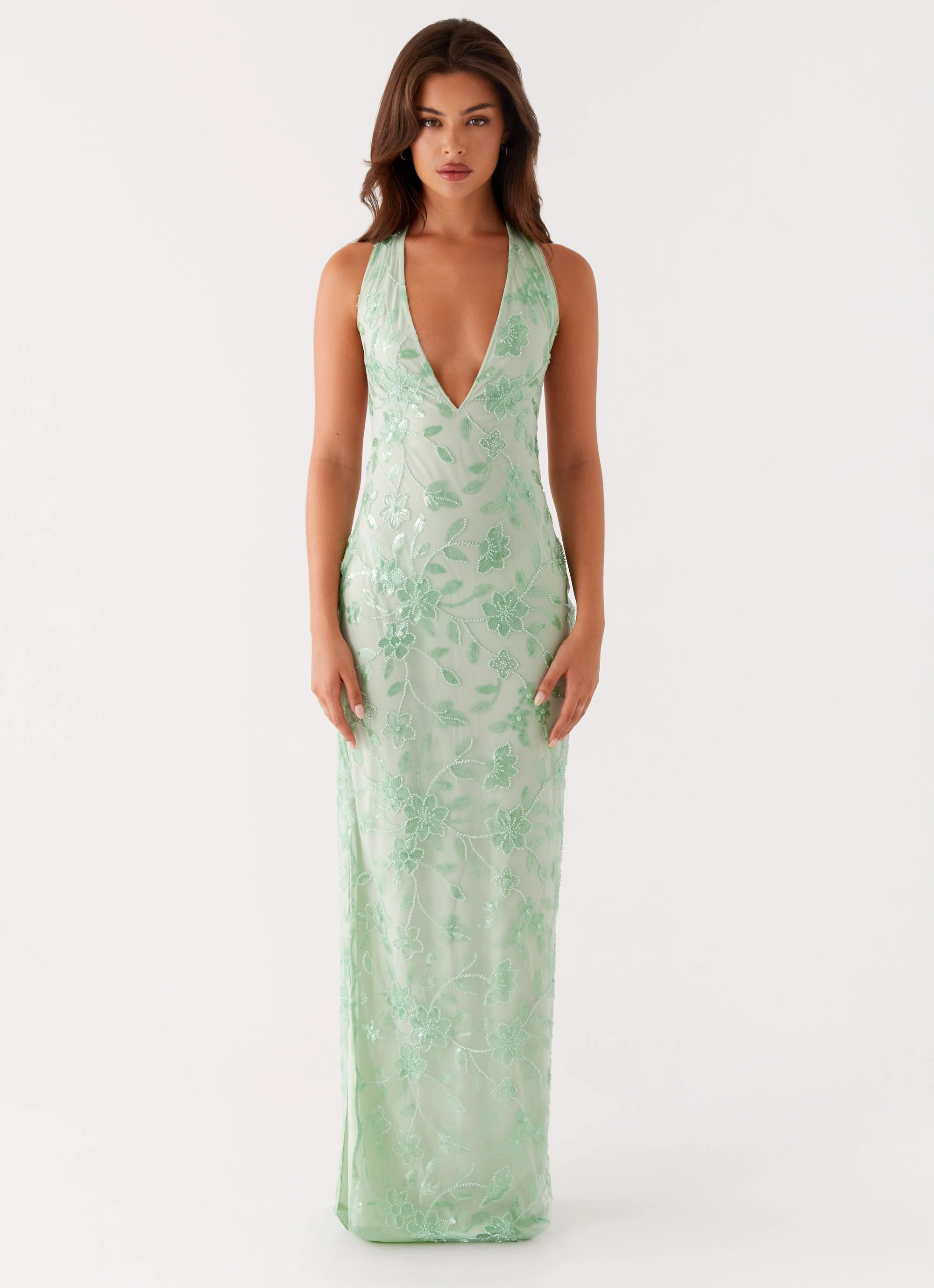 Cydney Beaded Maxi Dress - Sage Lower Hem