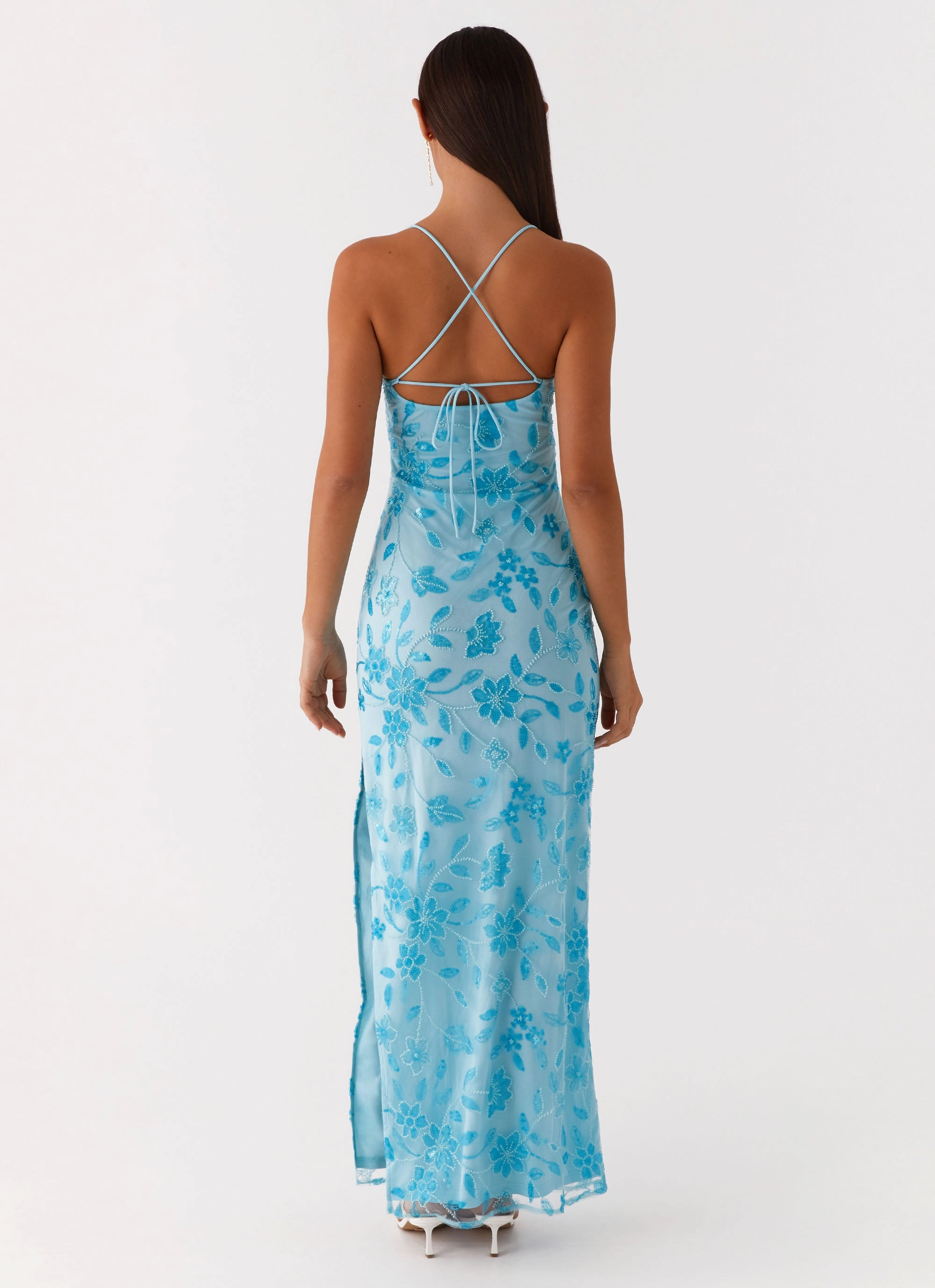 Soft Layers Neutral Finish Bright Lights Beaded Maxi Dress - Blue