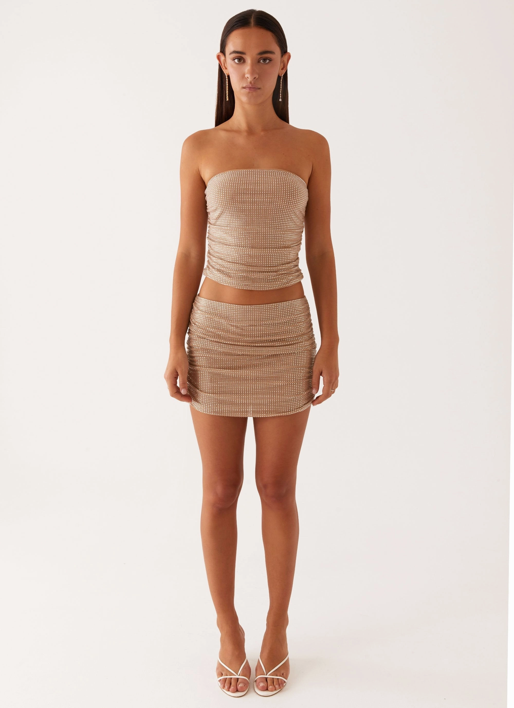 Flexible Comfort Seamless Edging Brightside Rhinestone Mini Skirt - Silver