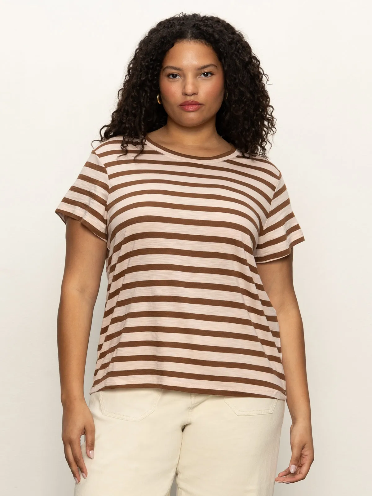 Basic Long Sleeve The Perfect Tee Earth Pink / Sepia Stripe Extended Sizing