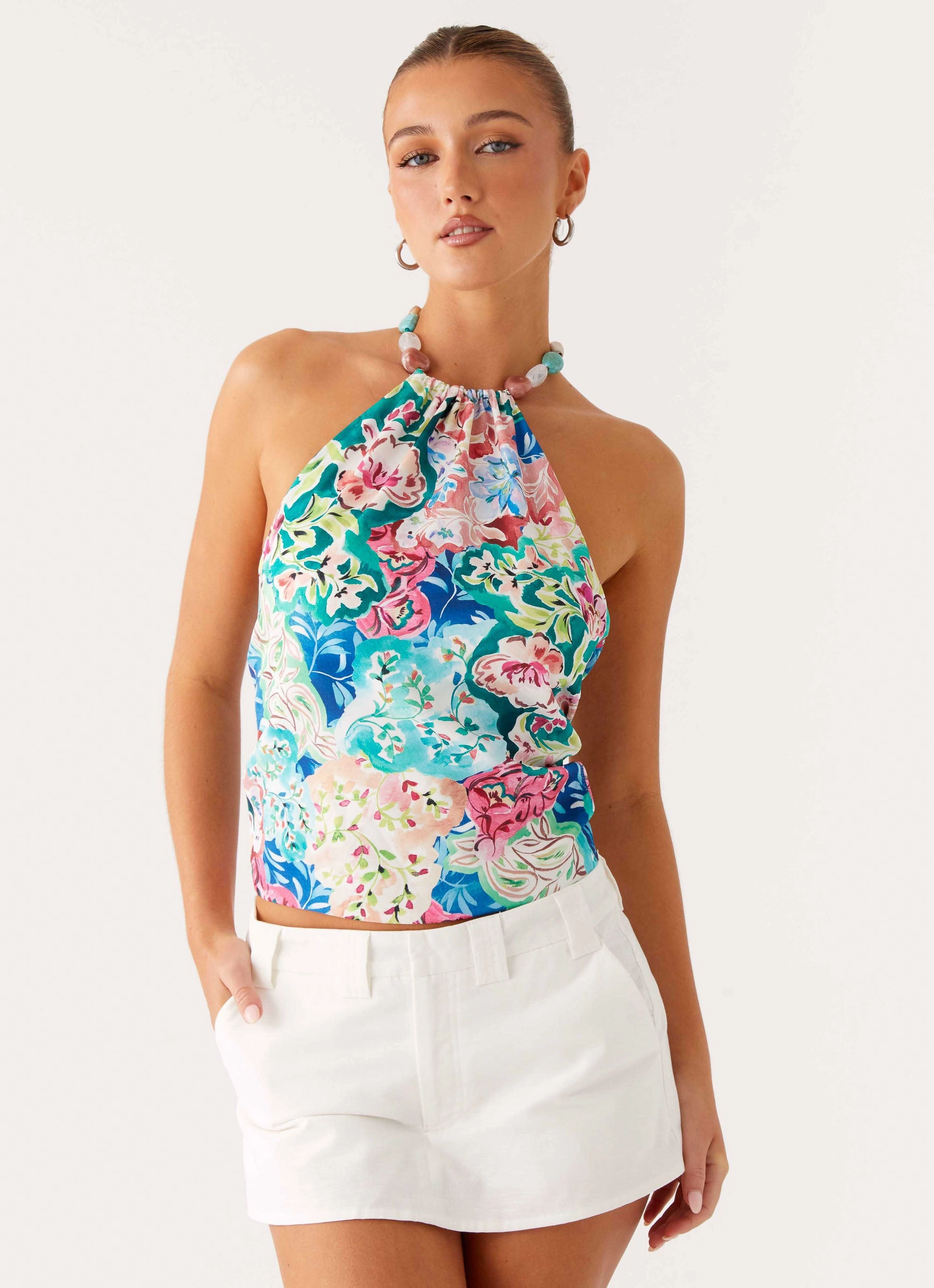 NoRoll Hem Technology RibbedNeckline Dalila Beaded Tie Back Top - Santorini Floral