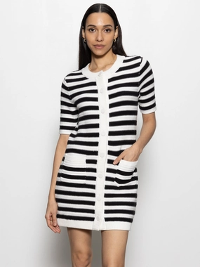 High Density Knit Button Front Knitted Dress Chalk And Black Stripe
