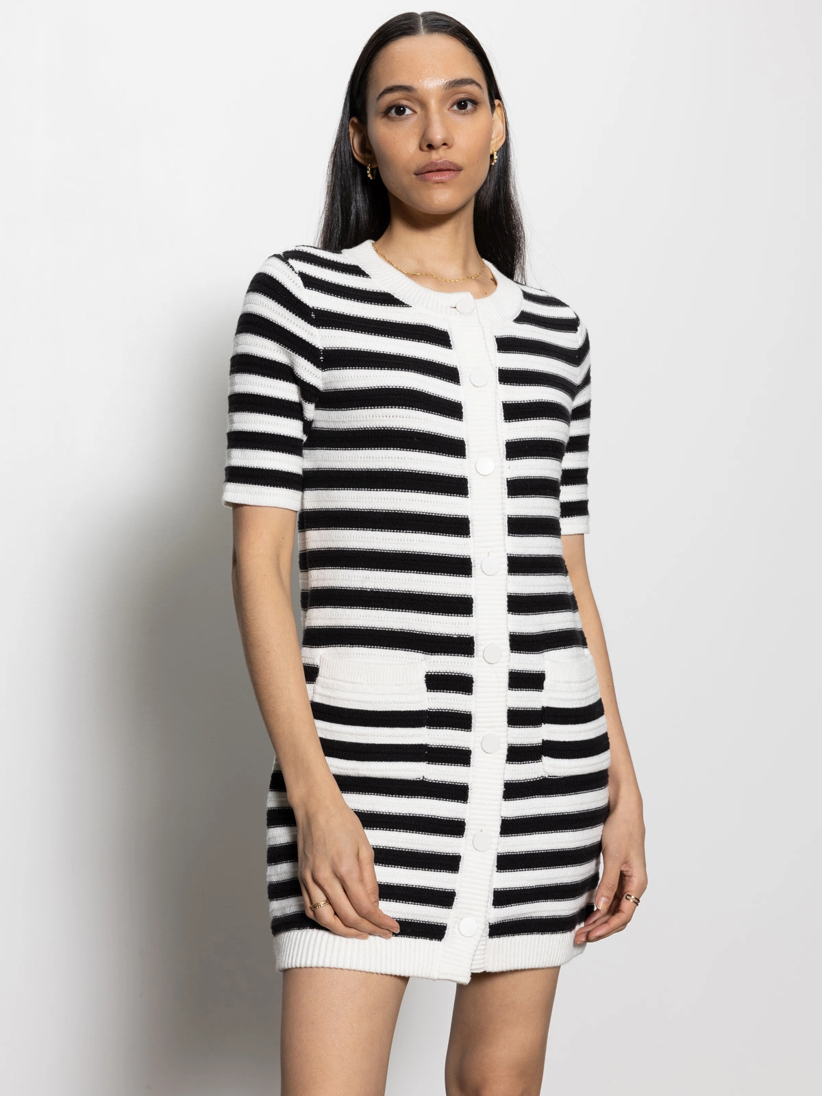 Reinforced Hemline Button Front Knitted Dress Chalk And Black Stripe