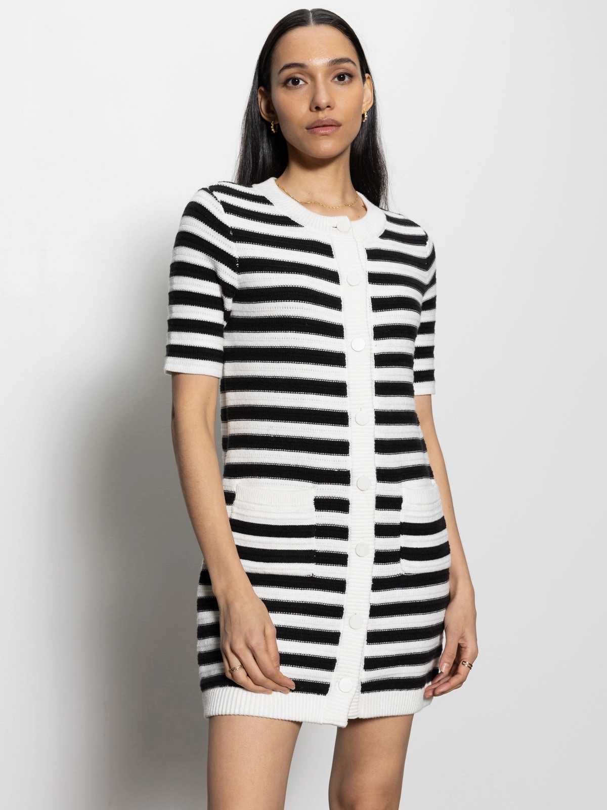 Button Front Knitted Dress Chalk And Black Stripe Contemporary Cut