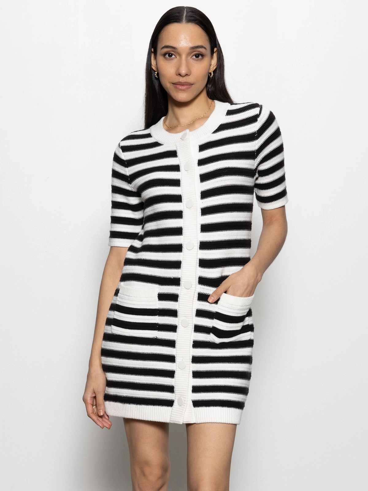 Ribbed Hem Button Front Knitted Dress Chalk And Black Stripe