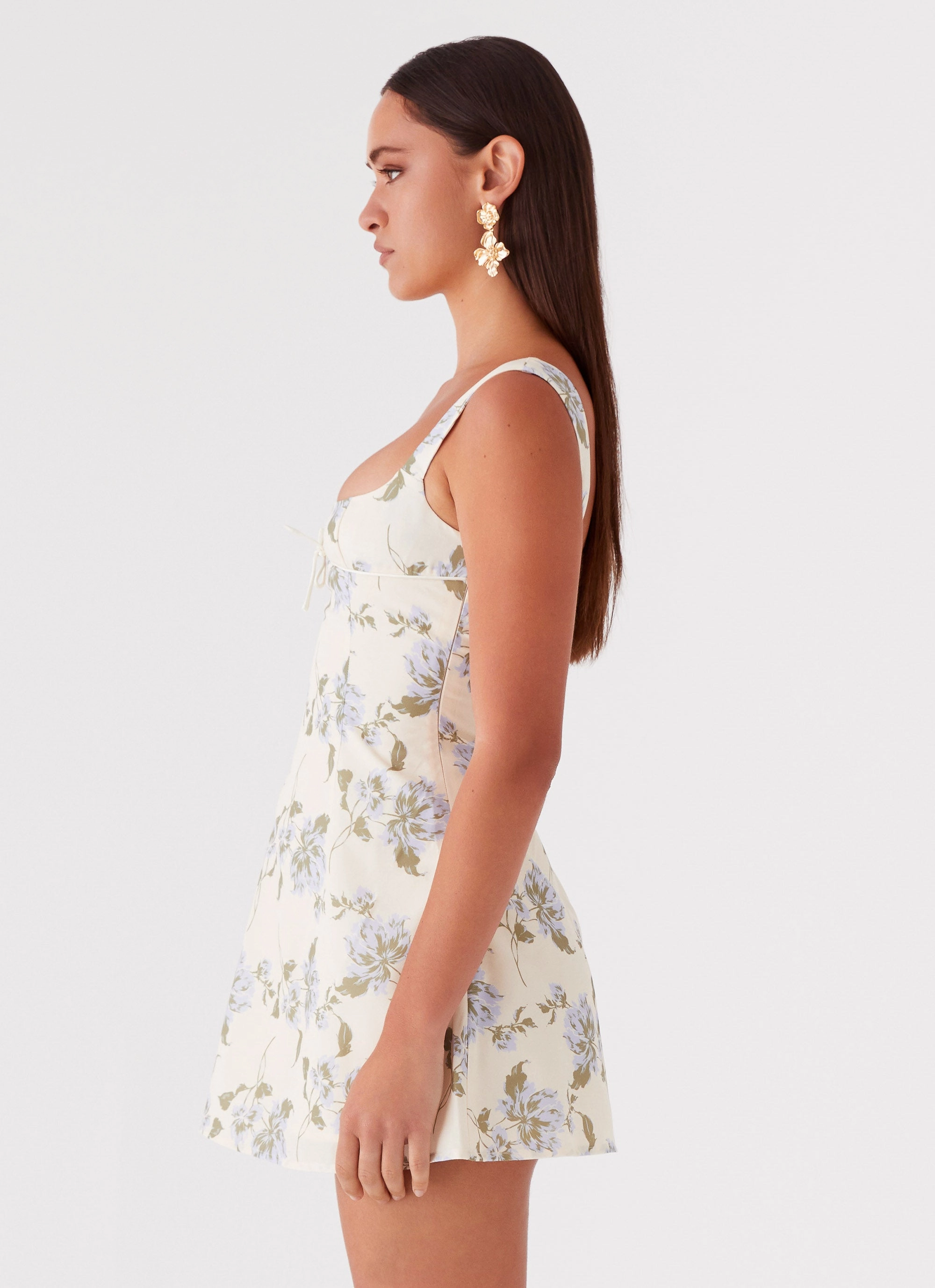 Cadence Mini Dress - Yellow Purple Floral elastic waistband Outfit Moodset