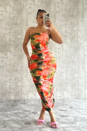 Bright bold dress Neutral Aesthetic California Coastline Print Mesh Dress