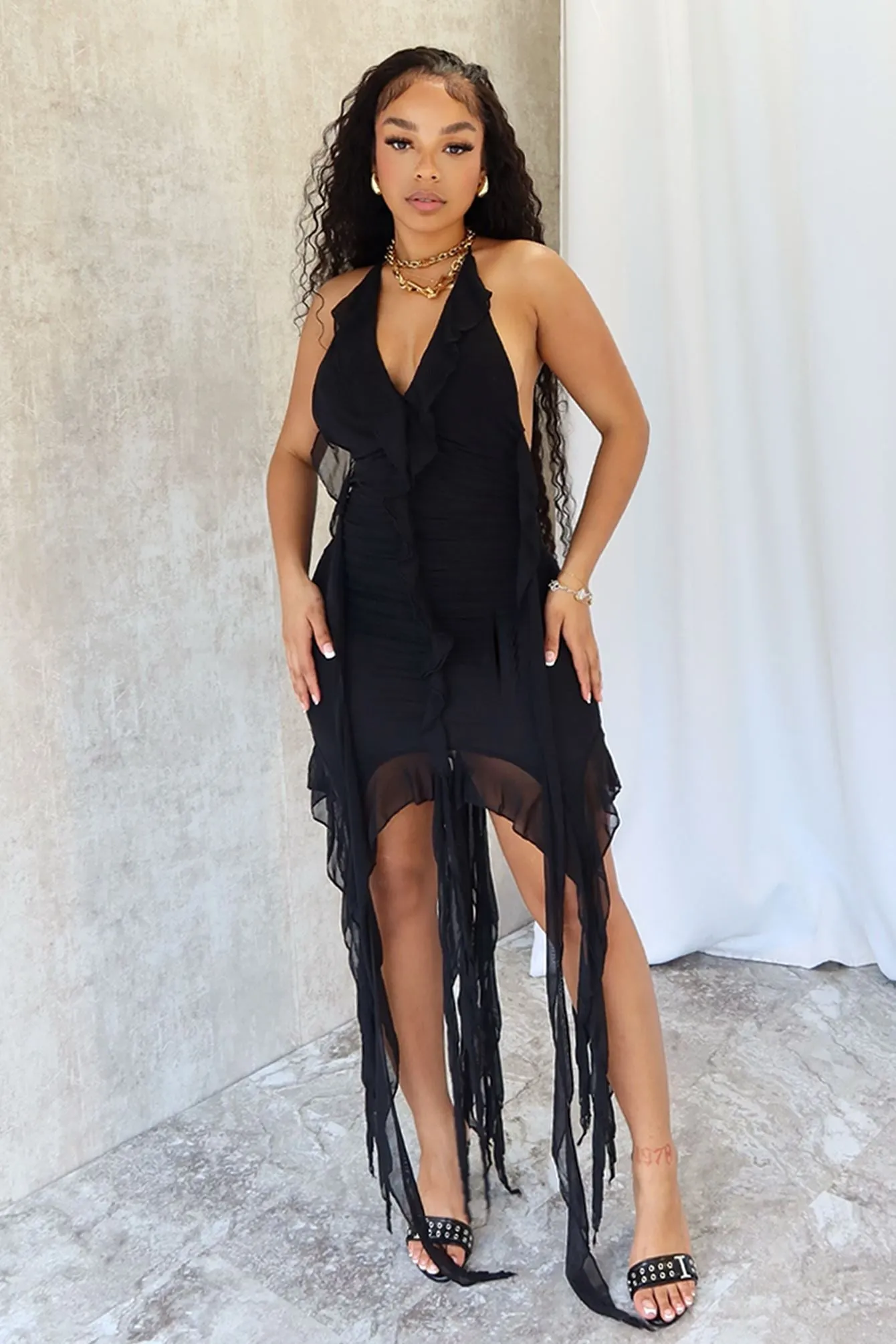 Call On Me Mesh Halter Tie Ruffle Dress Chic Look Lawn Soft