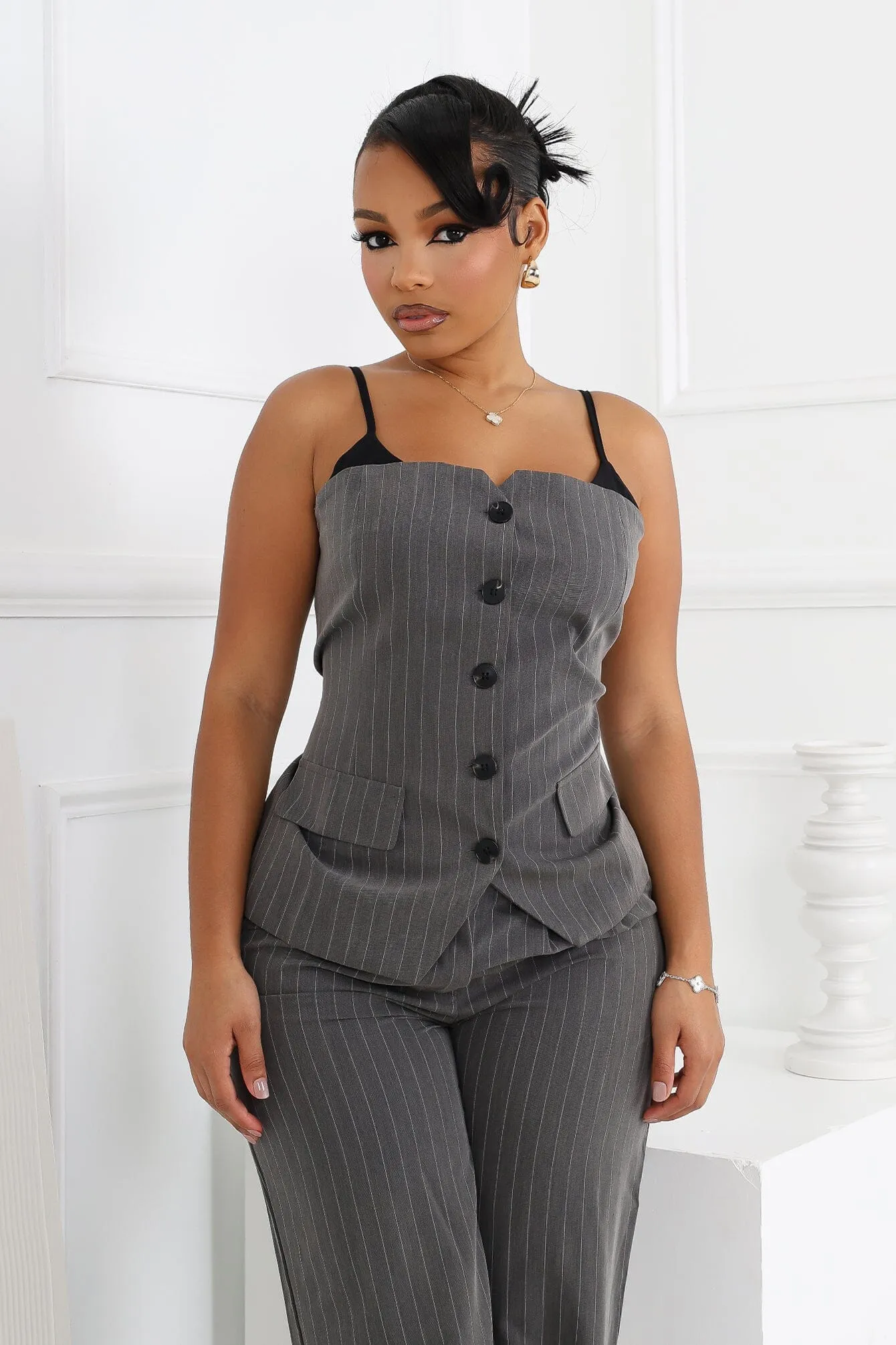 ElasticTrimming Camilia Pin Stripe Woven Tailored Top