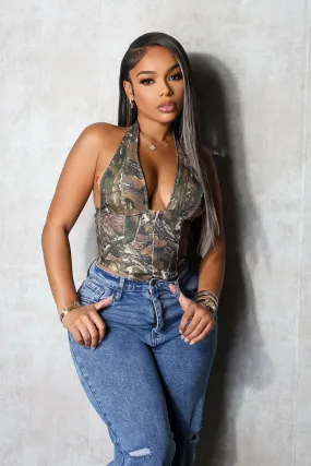 AdvancedAirflowChannels Self Fabric Tie Closure Camo Belle Corset Top