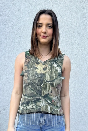 Demonstrate Camo Rhinestone Fringe Tank #4