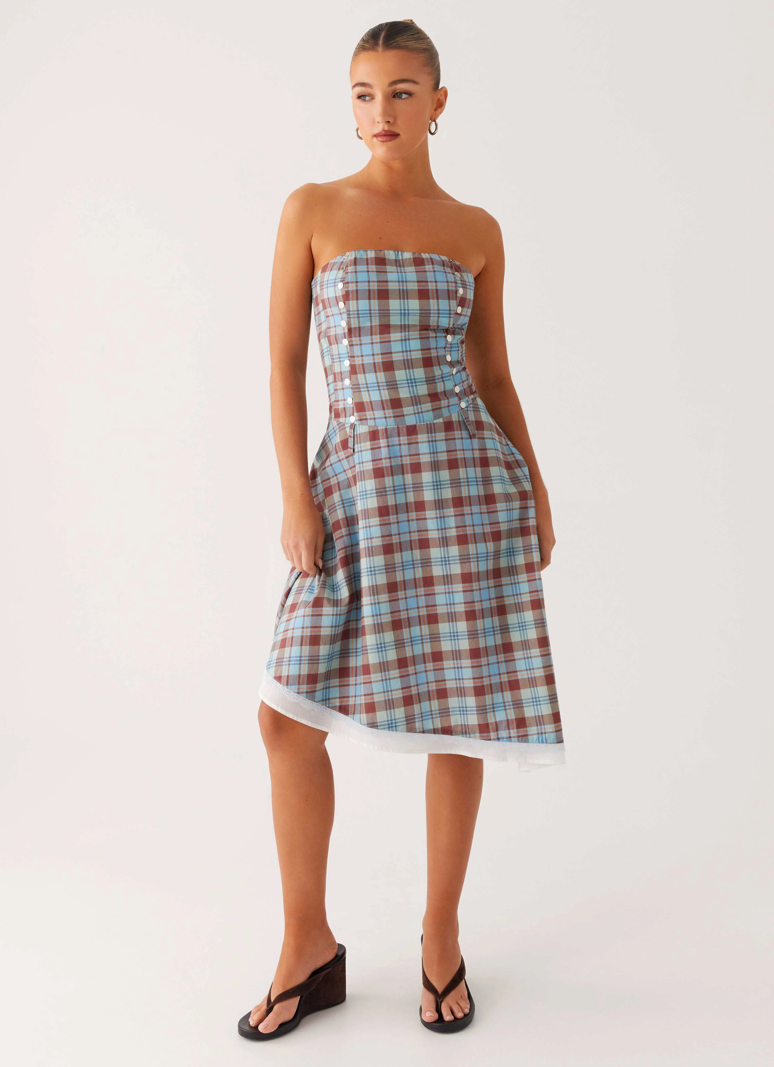Tonie Strapless Midi Dress - Shoreline Check Refined fit Street Motion