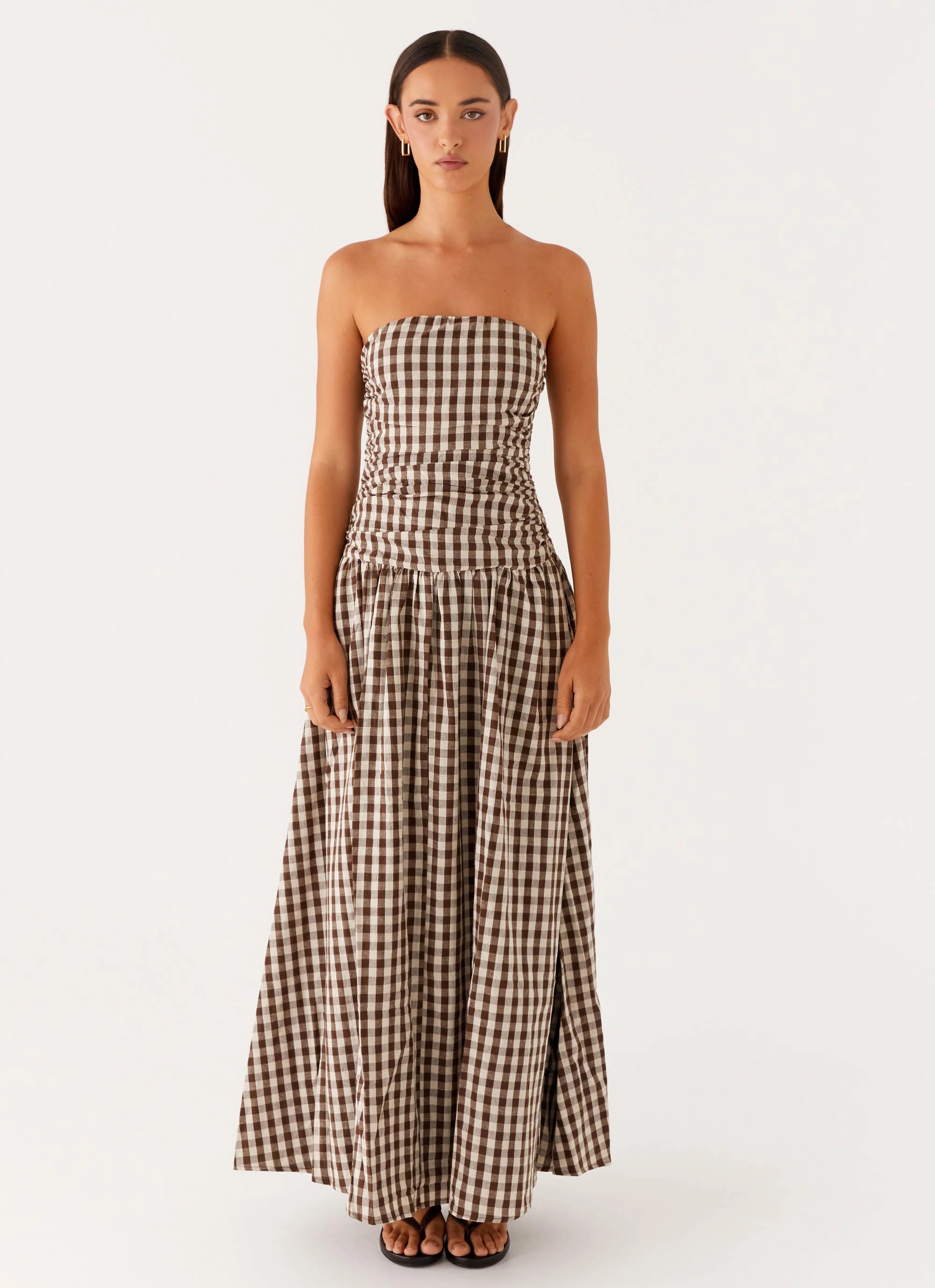 Carmel Maxi Dress - Brown Gingham Quilted-Texture