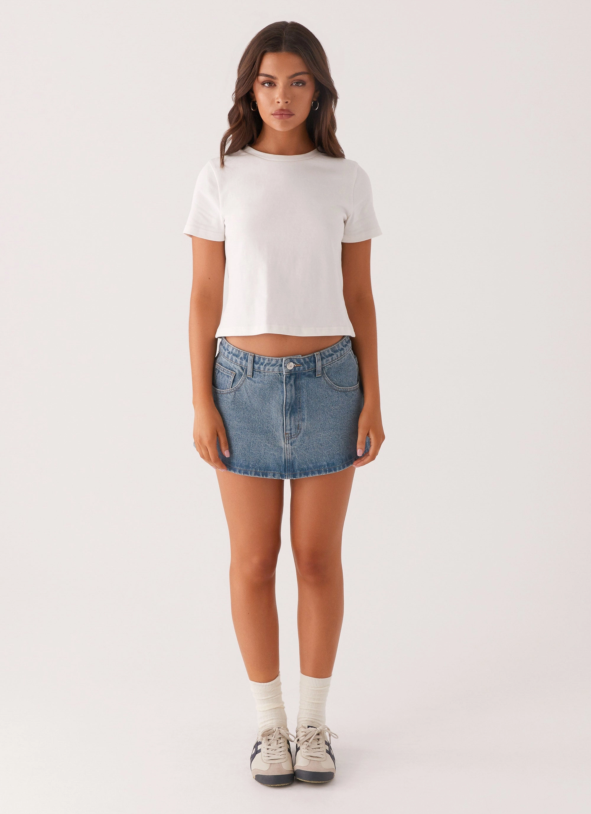 Carrie Denim Mini Skirt - Washed Indigo Sophisticated Casual Curvy Fit