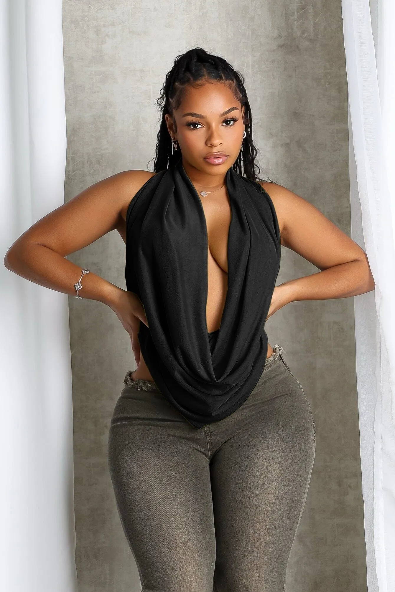 LightweightFabric Easy Care Material Cascading Mesh Cowl Neck Tie Top