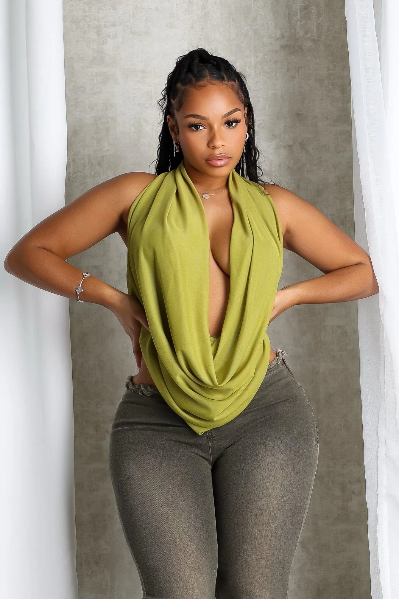 Cascading Mesh Cowl Neck Tie Top GarmentDyed